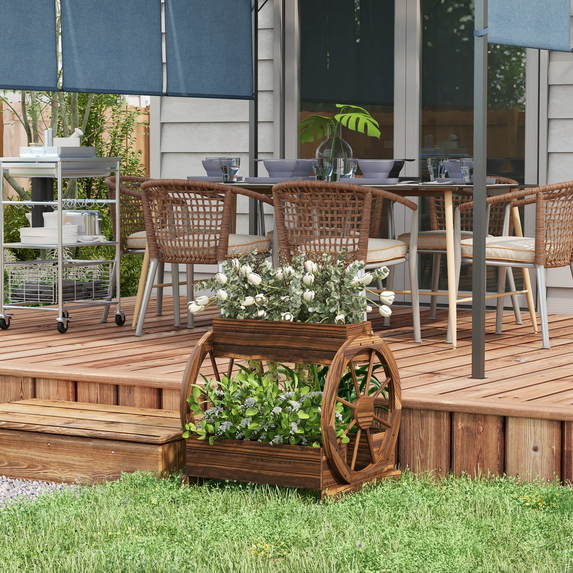 Wooden Wagon Planter Box, 3-Tier Raised Garden Bed, for Vegetables Flowers Herbs, 25" x 21" x 24" - Carbonized - Image 2