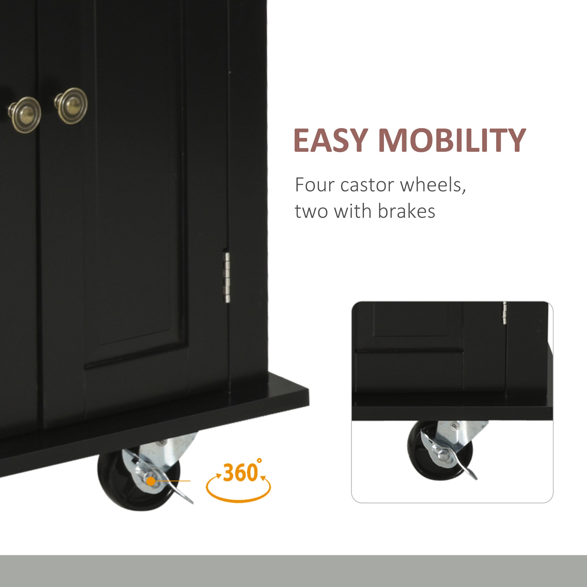 44" Mobile Kitchen Island Table, Kitchen Island Cart on Wheels with Storage Cabinets, 2 Drawers, Black