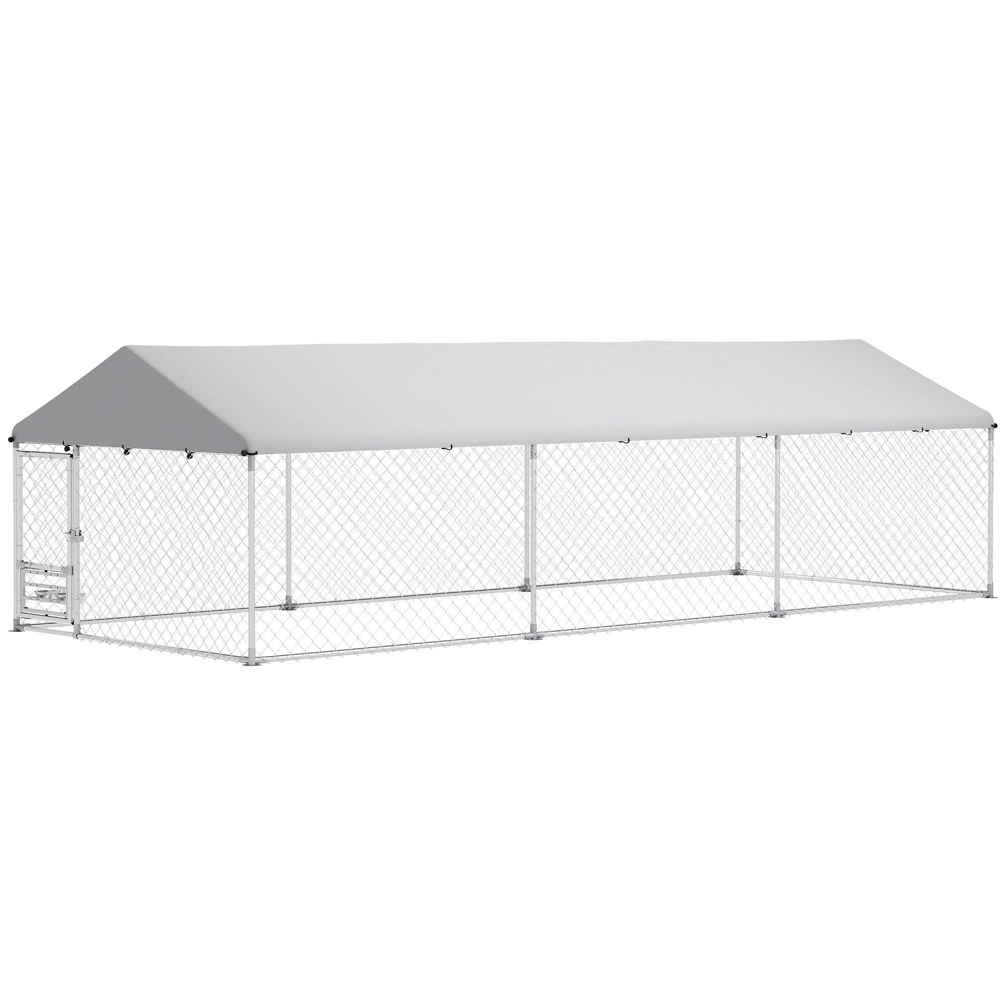 Outdoor Dog Kennel with Adjustable & Rotatable Bowl Rack, Waterproof Cover, Secure Lock, 19.7' x 7.5' x 5.2' - Silver