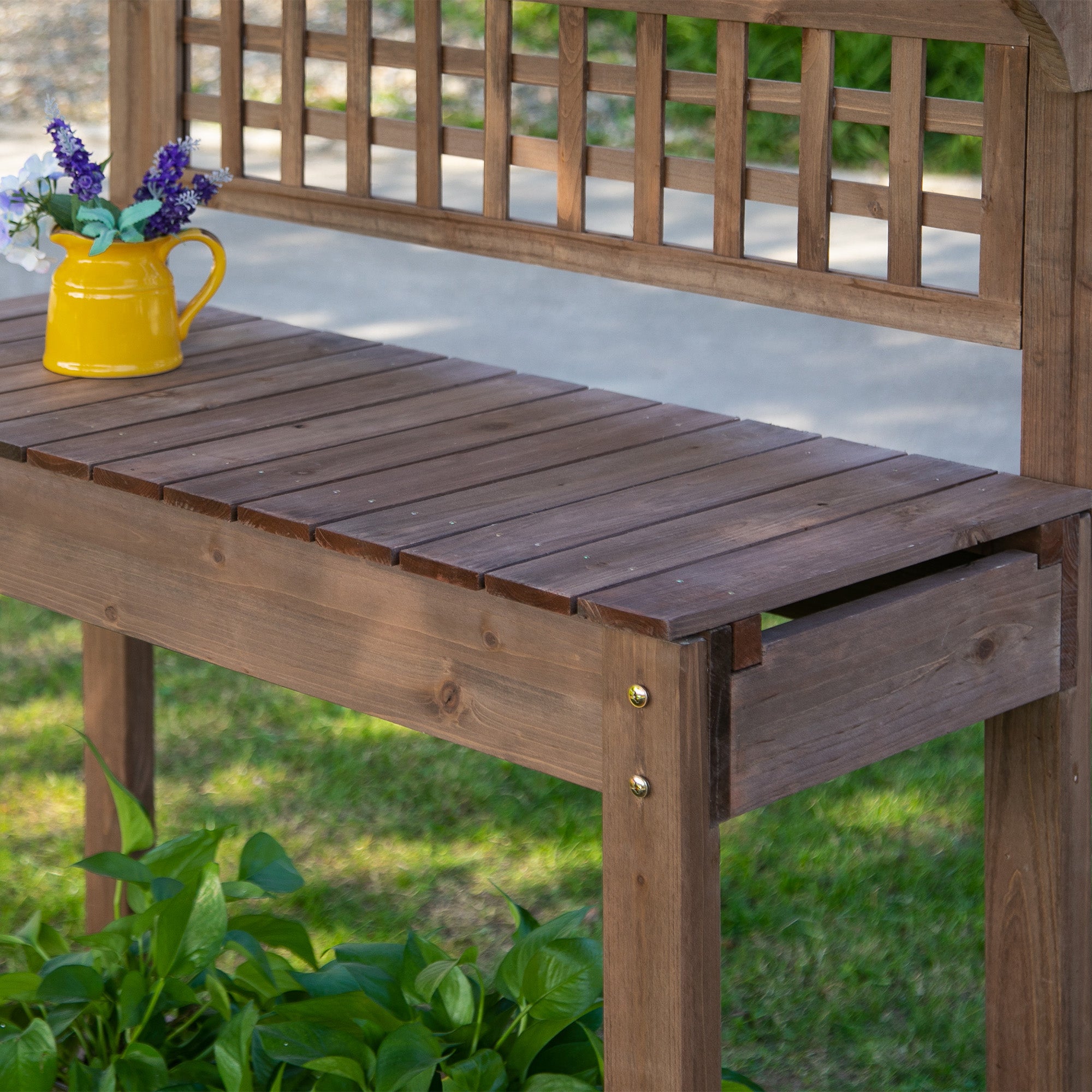 Outdoor Potting Bench Table, Wooden Workstation with Sliding Tabletop, Storage Shelf and Dry Sink, for Greenhouse, Garden, Patio, Brown - Brown - Image 8