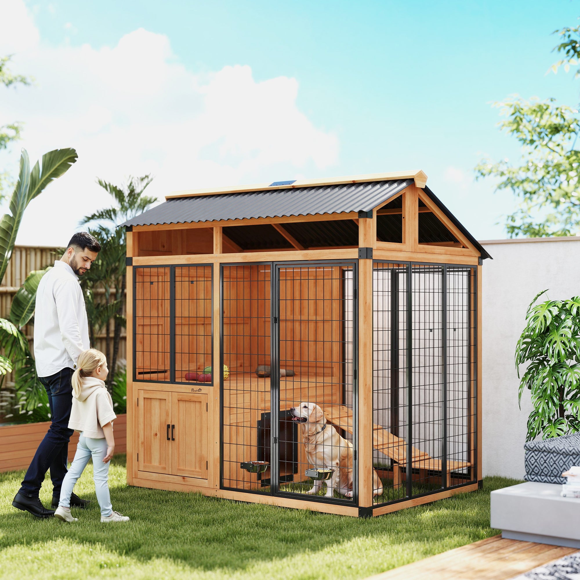 7' x 5' Extra Large Dog House, Wood Outdoor Dog Kennel with Platform, Storage Cabinet for Large Breeds, Yellow - Yellow - Image 2