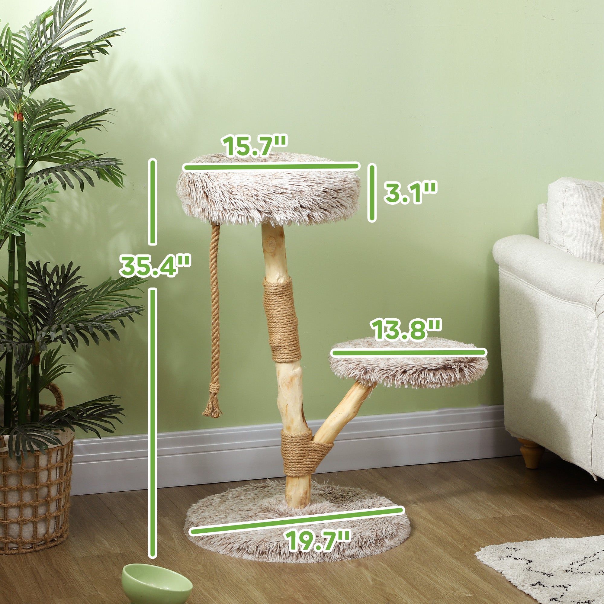 35 Inch Modern Cat Tree for Indoor Adult Cats with Wooden Scratching Posts, Cat Bed & Rope Cat Toy, Brown - Brown - Image 3