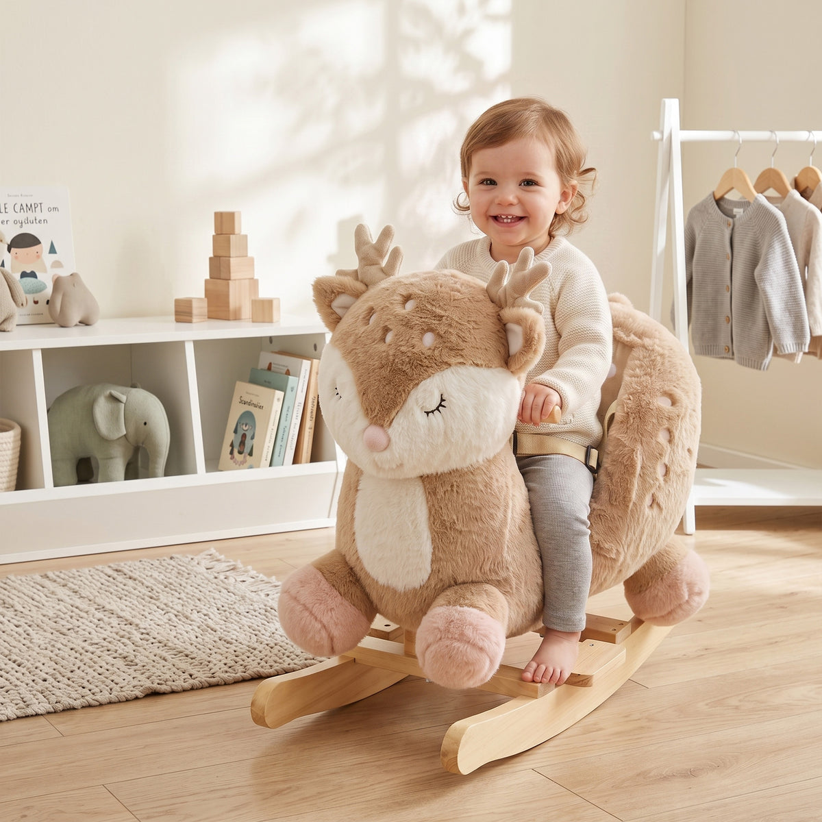 Baby Rocking Horse for Toddlers 1-3 Years, Spotted Deer Rocking Horse Toy with Sounds, Seat Belt and Widened Base, Brown