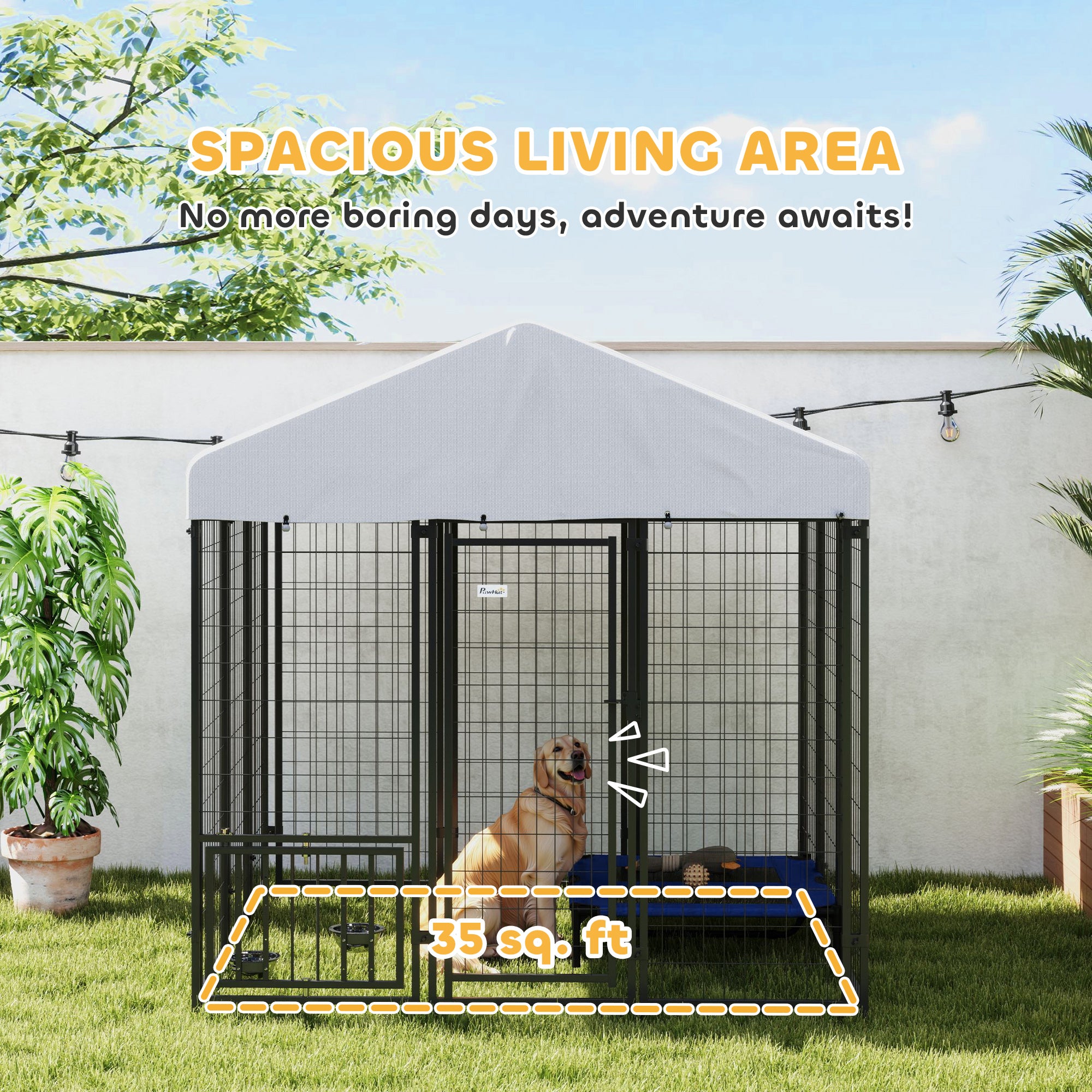 5.9' x 5.9' x 6' Outdoor Dog Kennel with Roof, Rotating & 4-Level Adjustable Bowls - Silver - Image 4