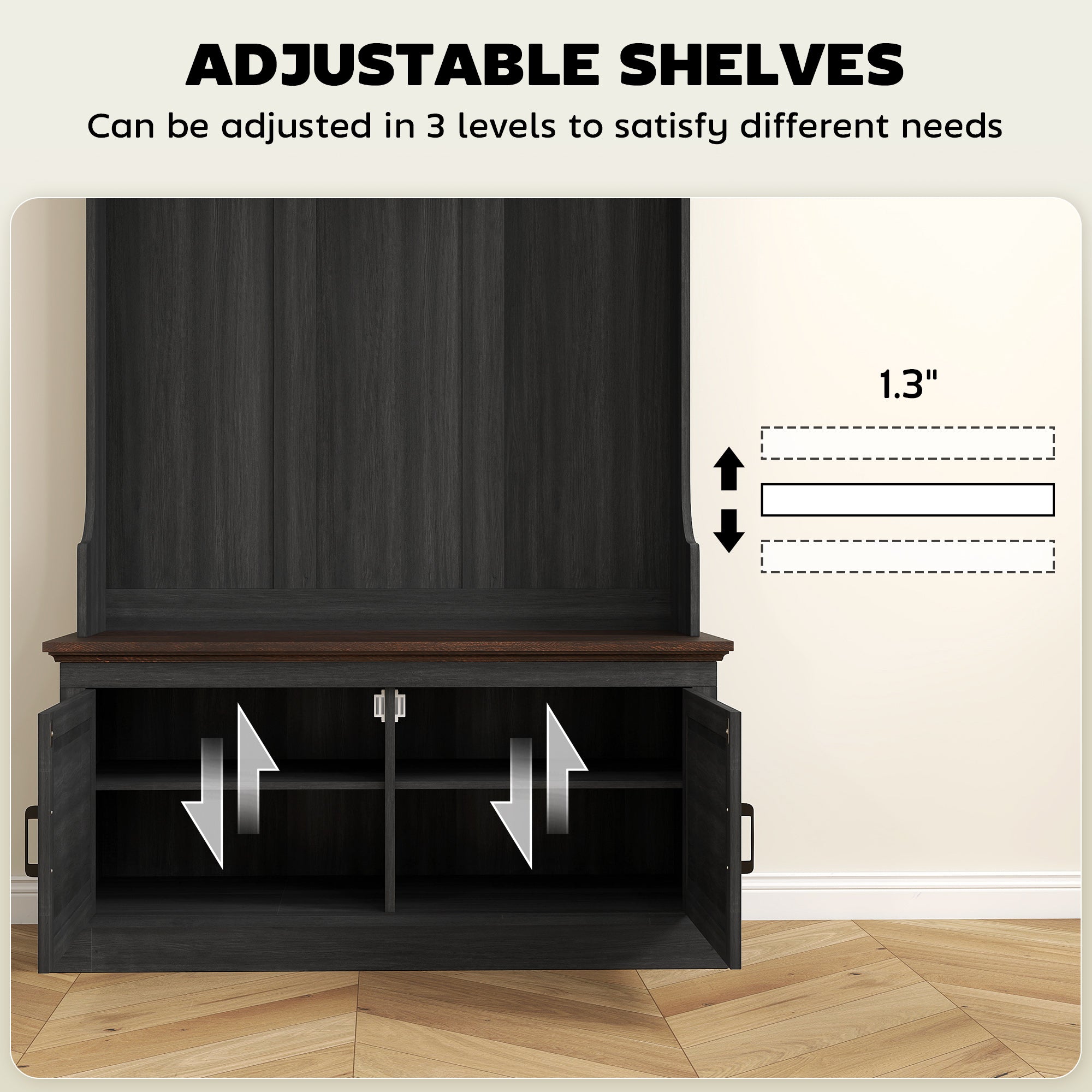 3-in-1 Hall Tree with Shoe Storage, Coat Rack with Bench, Entryway Furniture with Five Hooks, Black Wood Grain
