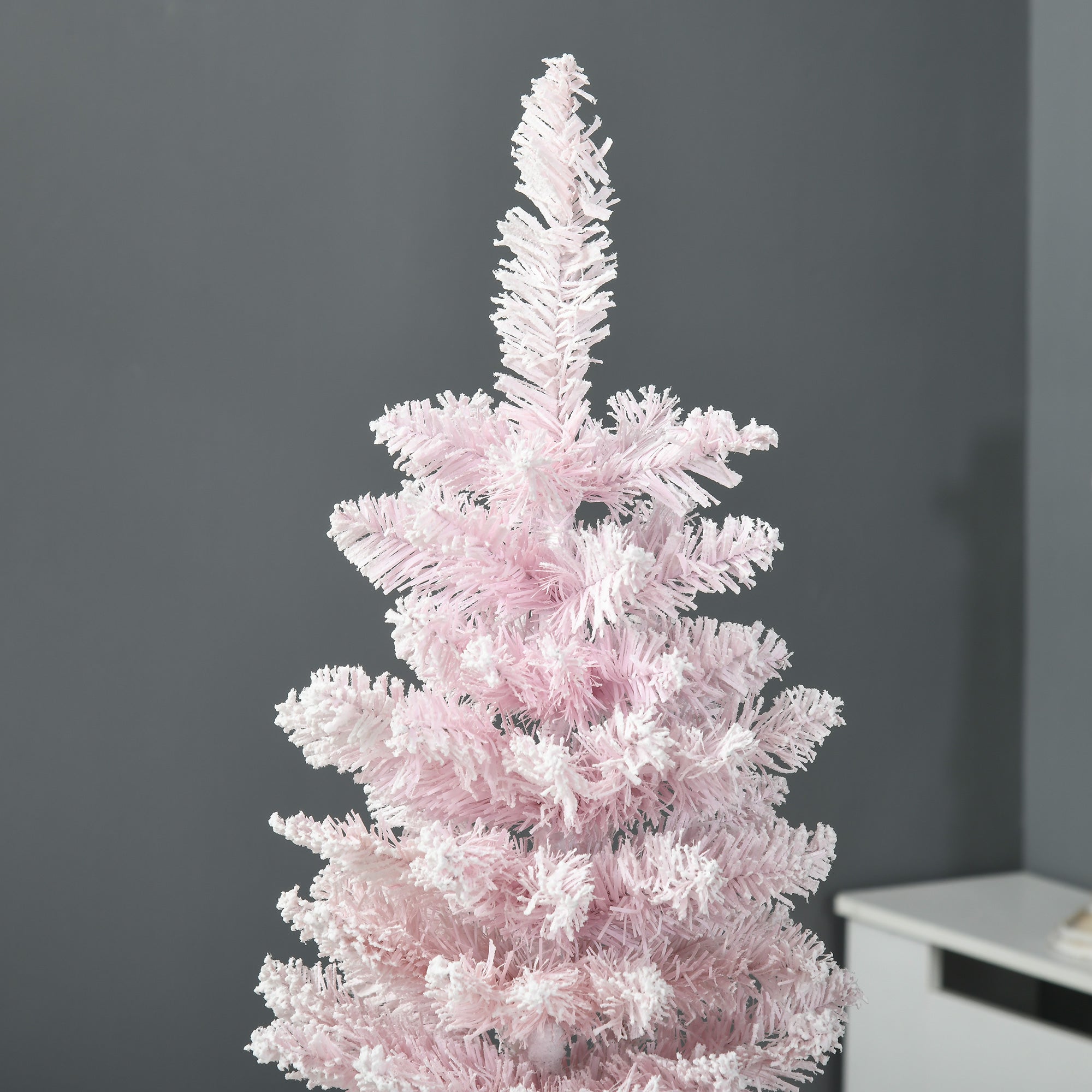 5' Decorated Christmas Tree Snow Flocked Artificial Christmas Tree with Pencil Shape, Realistic Branches, Pink