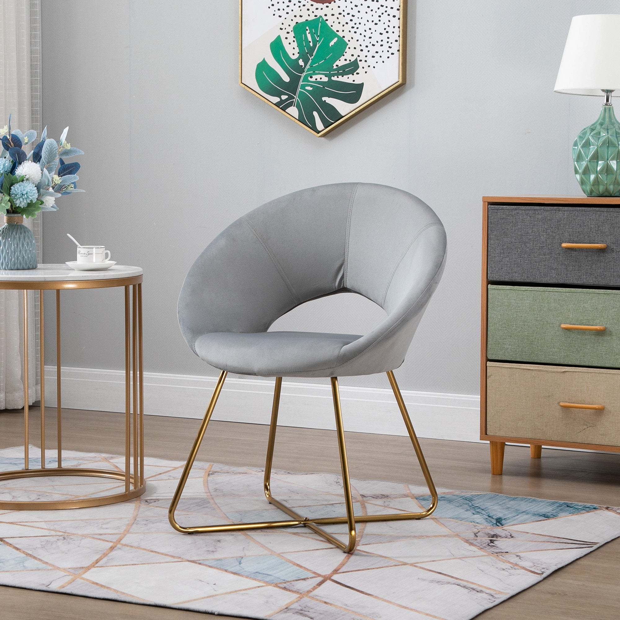 Modern Accent Velvet Chair Open Curved Mid-Back Upholstered Vanity Chair with Gold Plating Metal Legs Gray