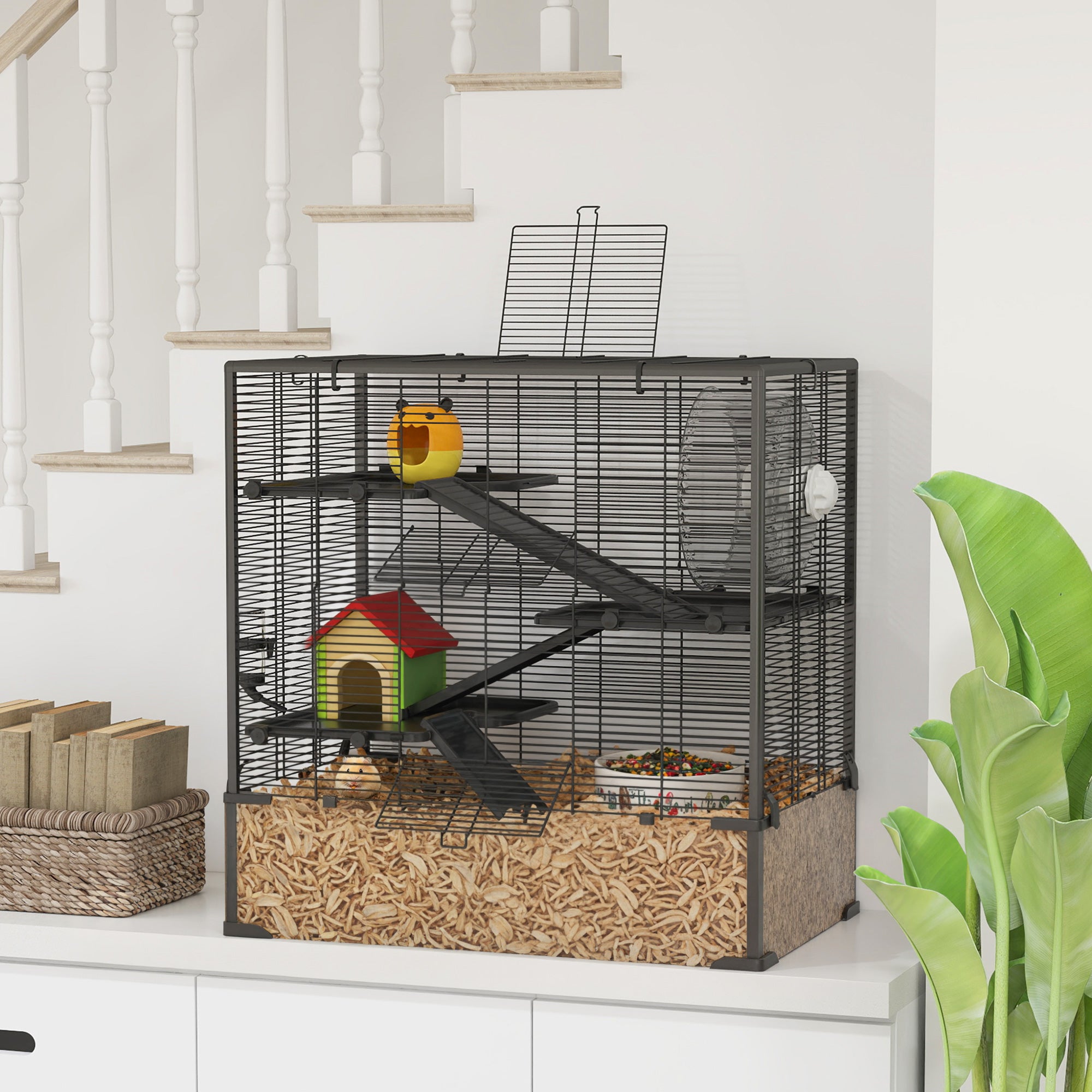 4 Tier Hamster Cage with Deep Tempered Glass Bottom, Running Wheel, Hut, Water Bottle, Food Dish, 31" x 19" x 31.5" - Black - Image 2