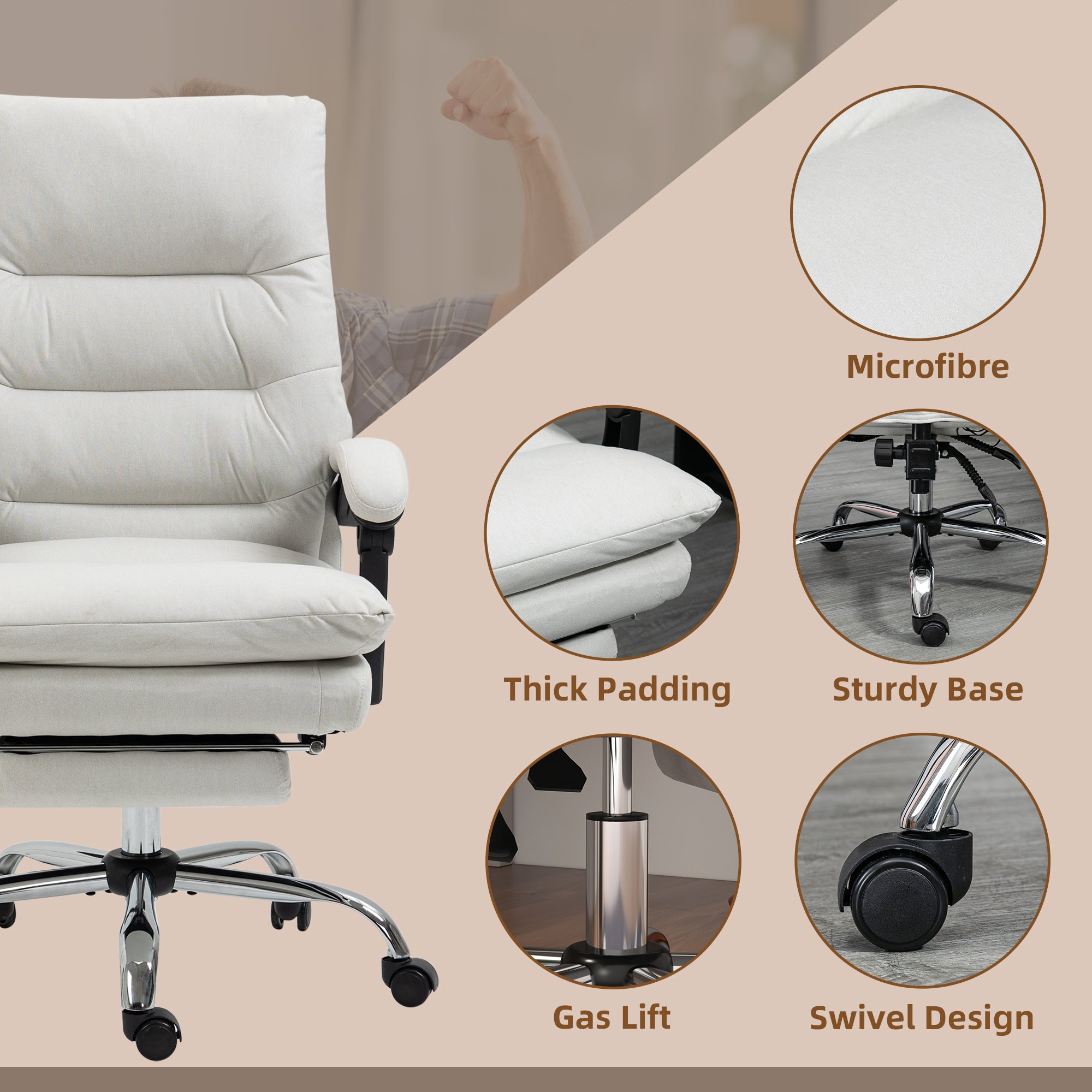 Microfibre Executive Massage Office Chair, Computer Desk Chair, Reclining Chair with Footrest, Double-tier Padding, Swivel Wheels, Cream White