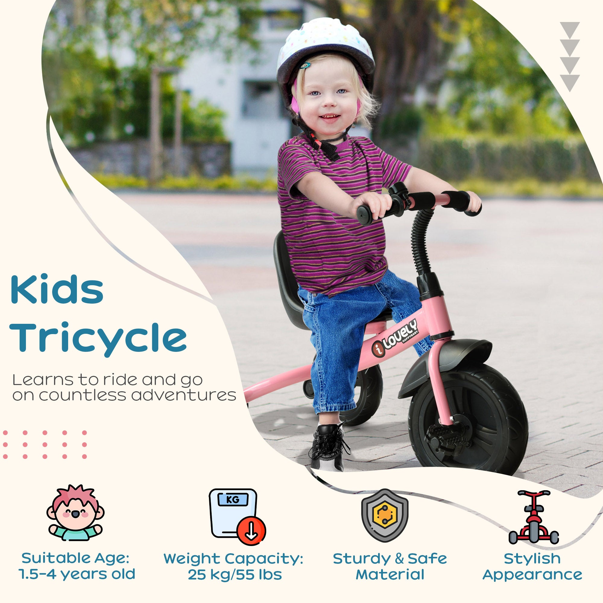 3-Wheel Recreation Ride-On Toddler Bike with Bell for Children Indoor / Outdoor, Pink