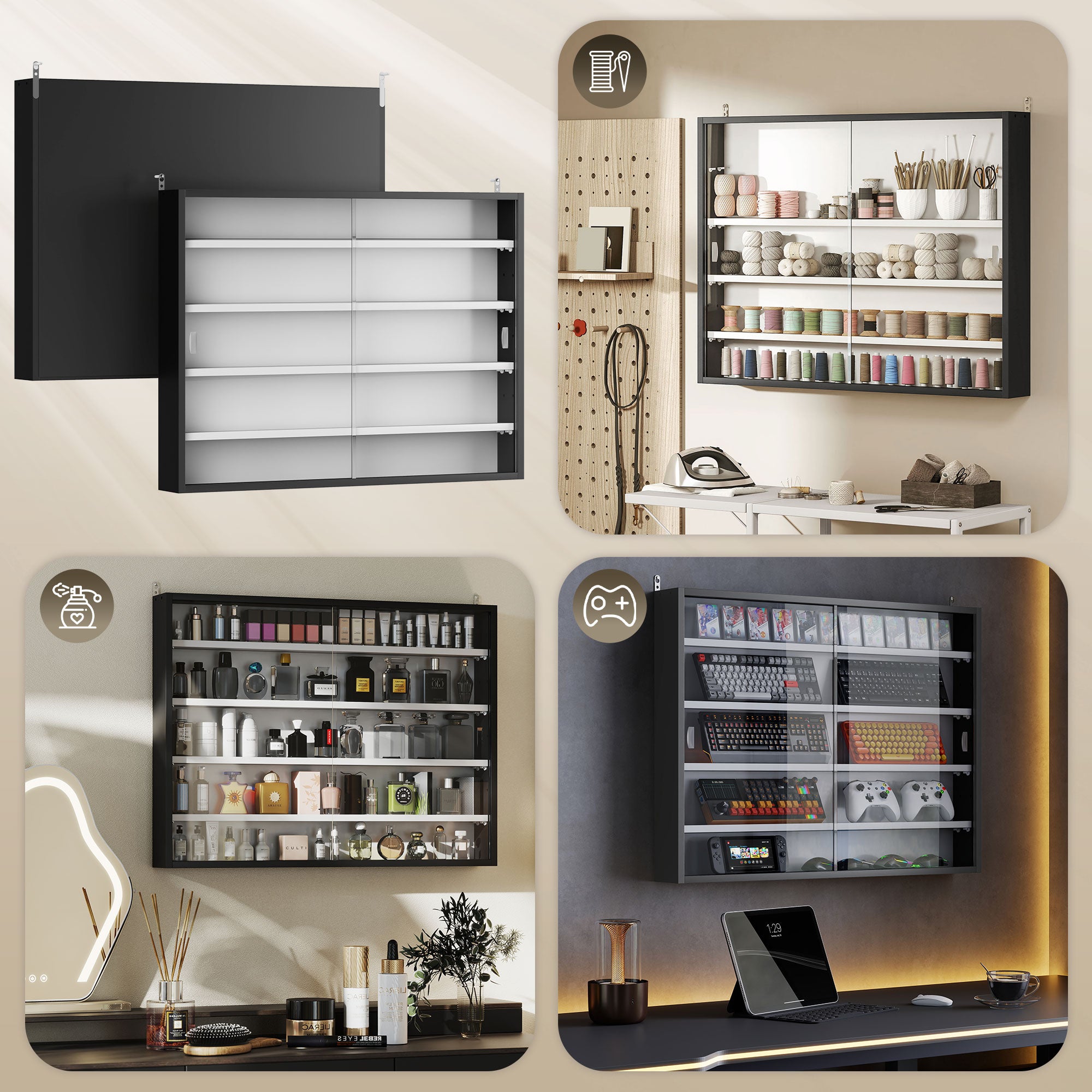 5-Tier Display Cabinet, Wall-Mounted Display Case with 2 Glass Doors and Adjustable Shelves, Black