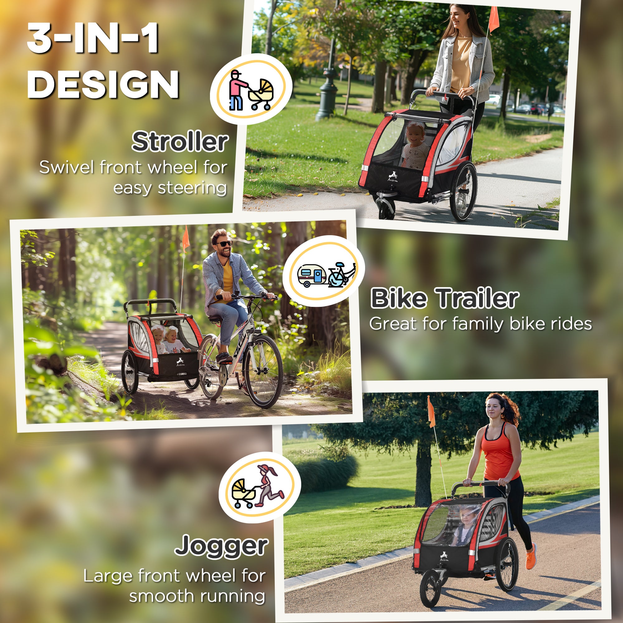 3-in-1 Bike Trailer for Kids, Running Stroller with 2 Seats, Jogging Cart with 5-Point Harness, Storage Units, Red