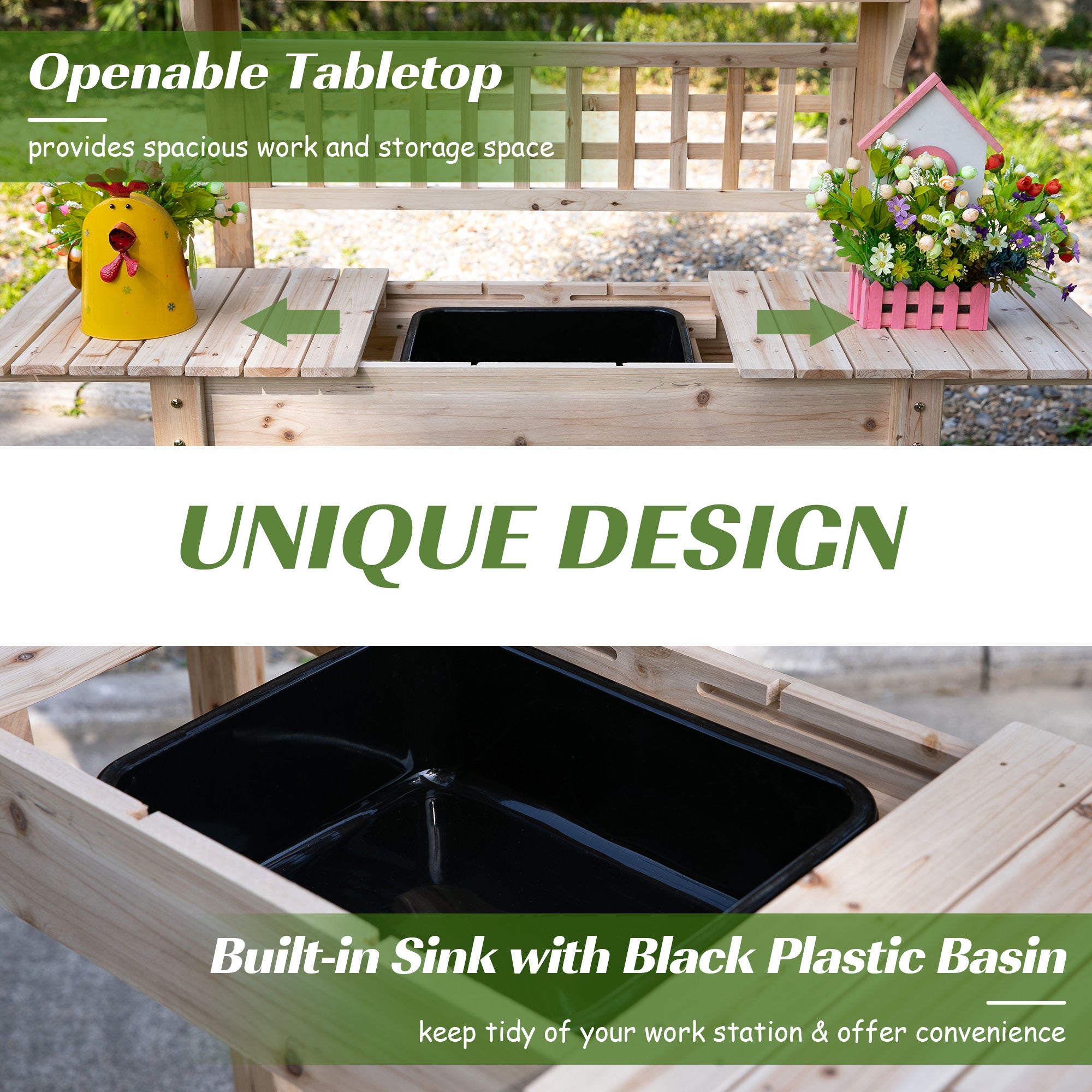 Outdoor Potting Bench Table, Wooden Workstation with Sliding Tabletop, Storage Shelf and Dry Sink, for Greenhouse, Garden, Patio, Natural - Natural Wood - Image 5