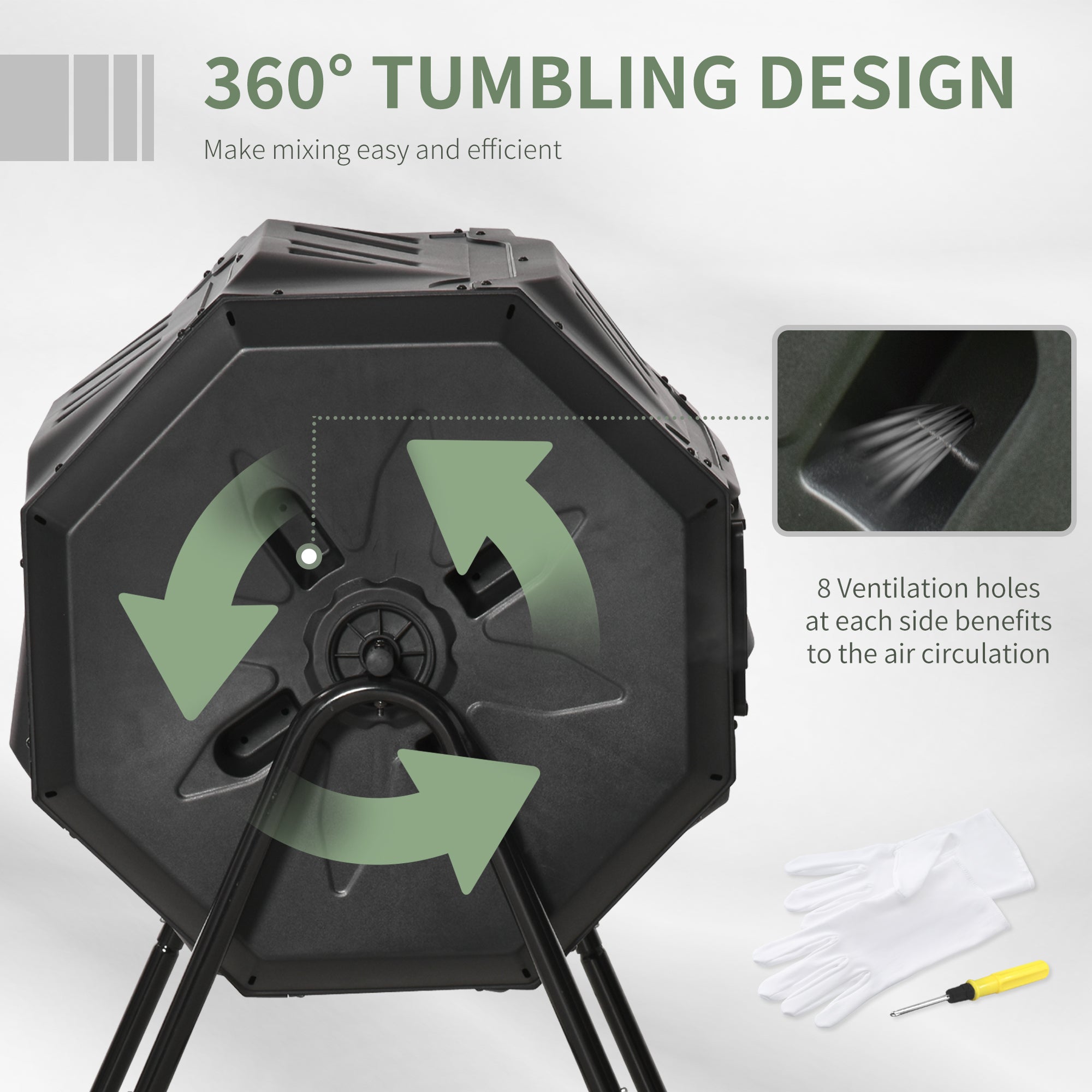 Tumbling Compost Bin Outdoor 360° Dual Chamber Rotating Composter 43 Gallon, Black - Black - Image 5