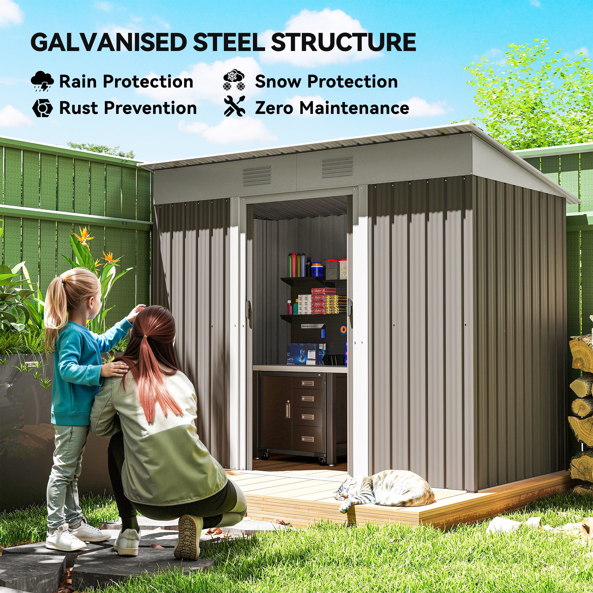 7' x 4' Metal Garden Shed, Backyard Tool Storage Shed with Dual Locking Doors, 2 Air Vents and Steel Frame, Light Gray - Light Gray - Image 4