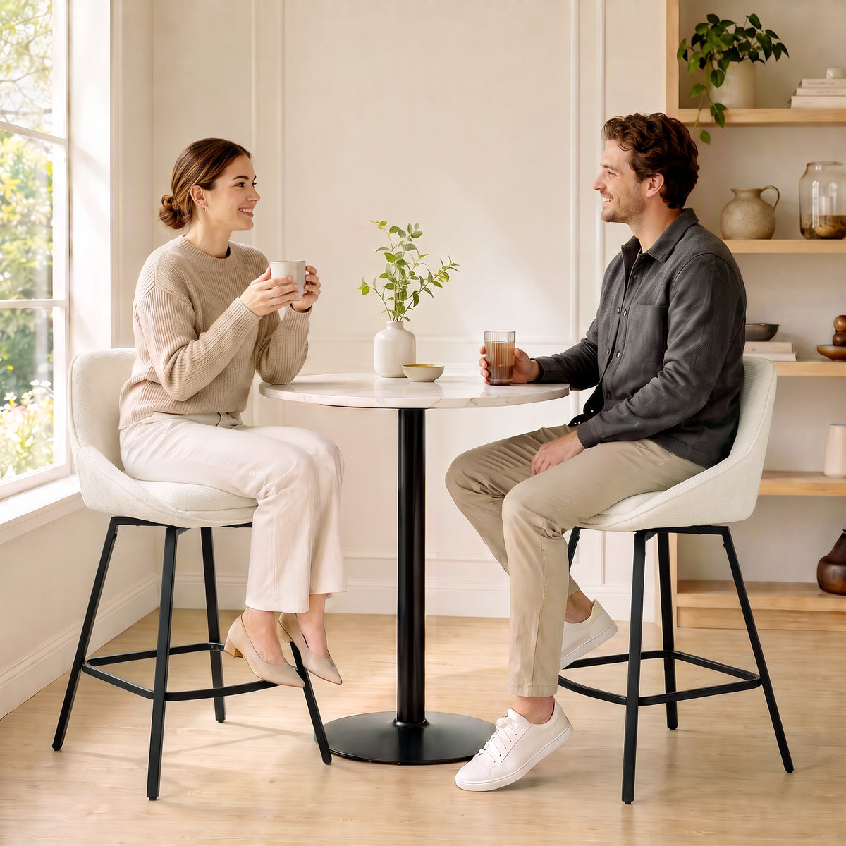 Bar Stools Modern Chenille 360° Swivel Barstools Counter Height Backrest Footrest Set 2, Cream White