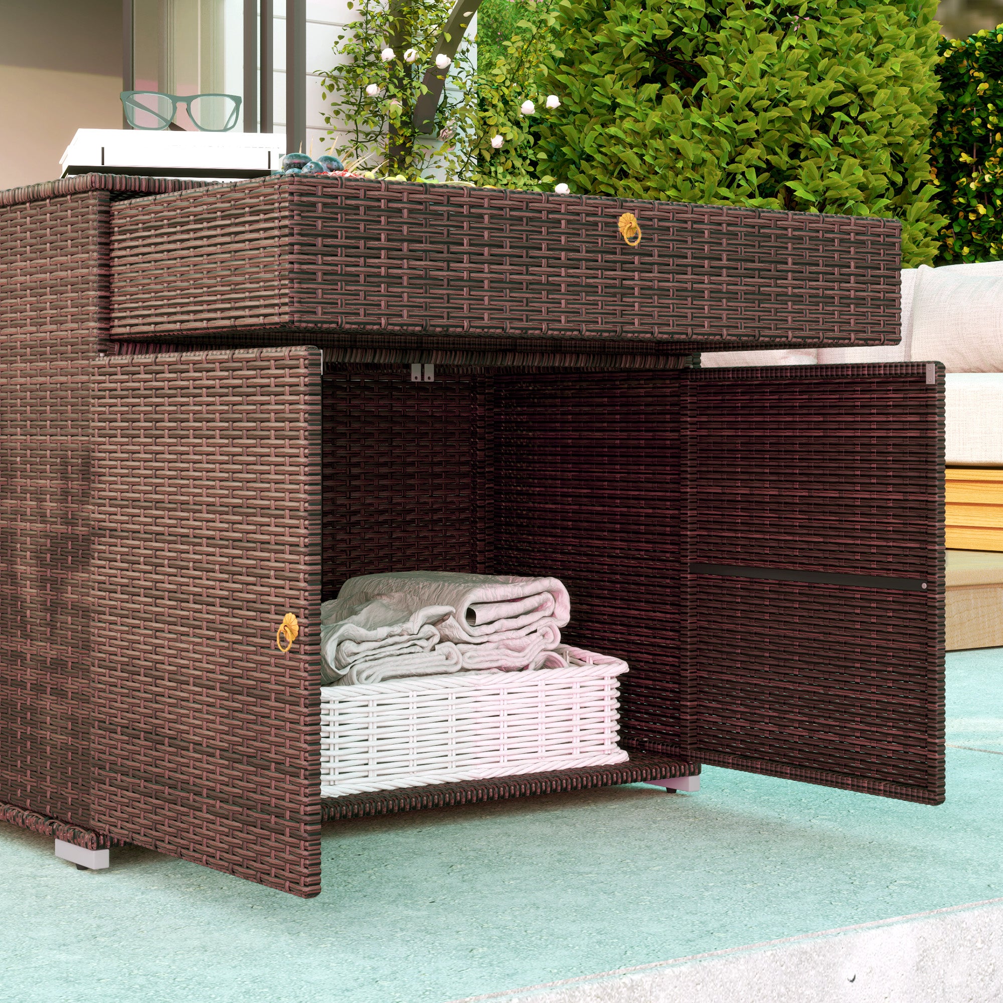 Outdoor Storage Cabinet, Waterproof PE Rattan Cabinet with Drawer for Indoor, Outdoor Swimming Pool, Mixed Brown - Brown - Image 8