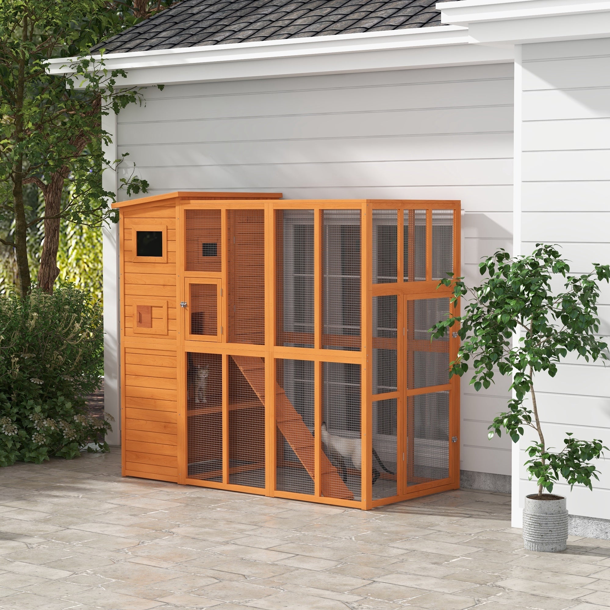 Wooden Outdoor Catio with Platforms, Asphalt Roof, Ramps, Natural - Orange - Image 2