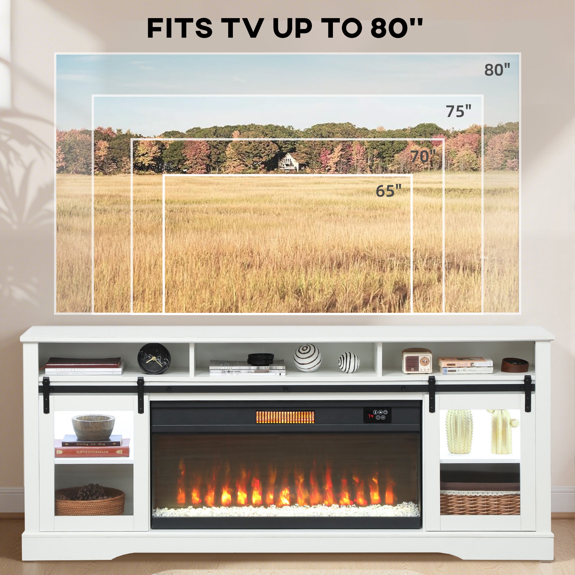 Fireplace TV Stand for TVs Up to 80 Inch, TV Console with Electric Fireplace, Open Storage and Side Cabinets, White