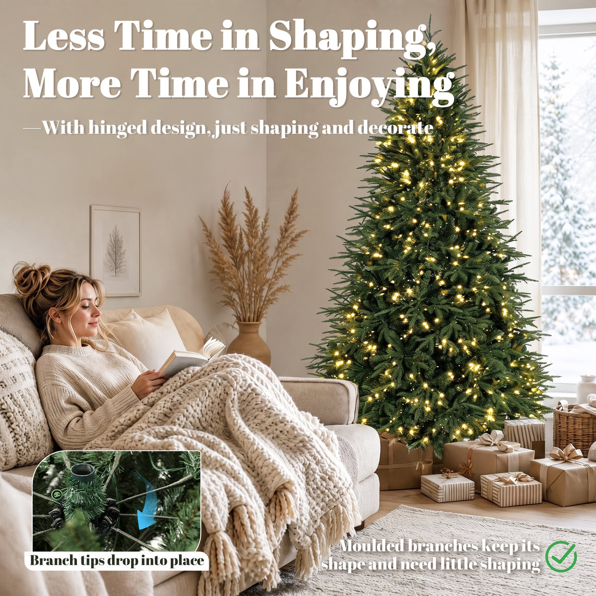 7.5ft Pre-lit Classic Artificial Christmas Tree with 3,719 Branch Tips 1000 Warm White LED Lights, Green