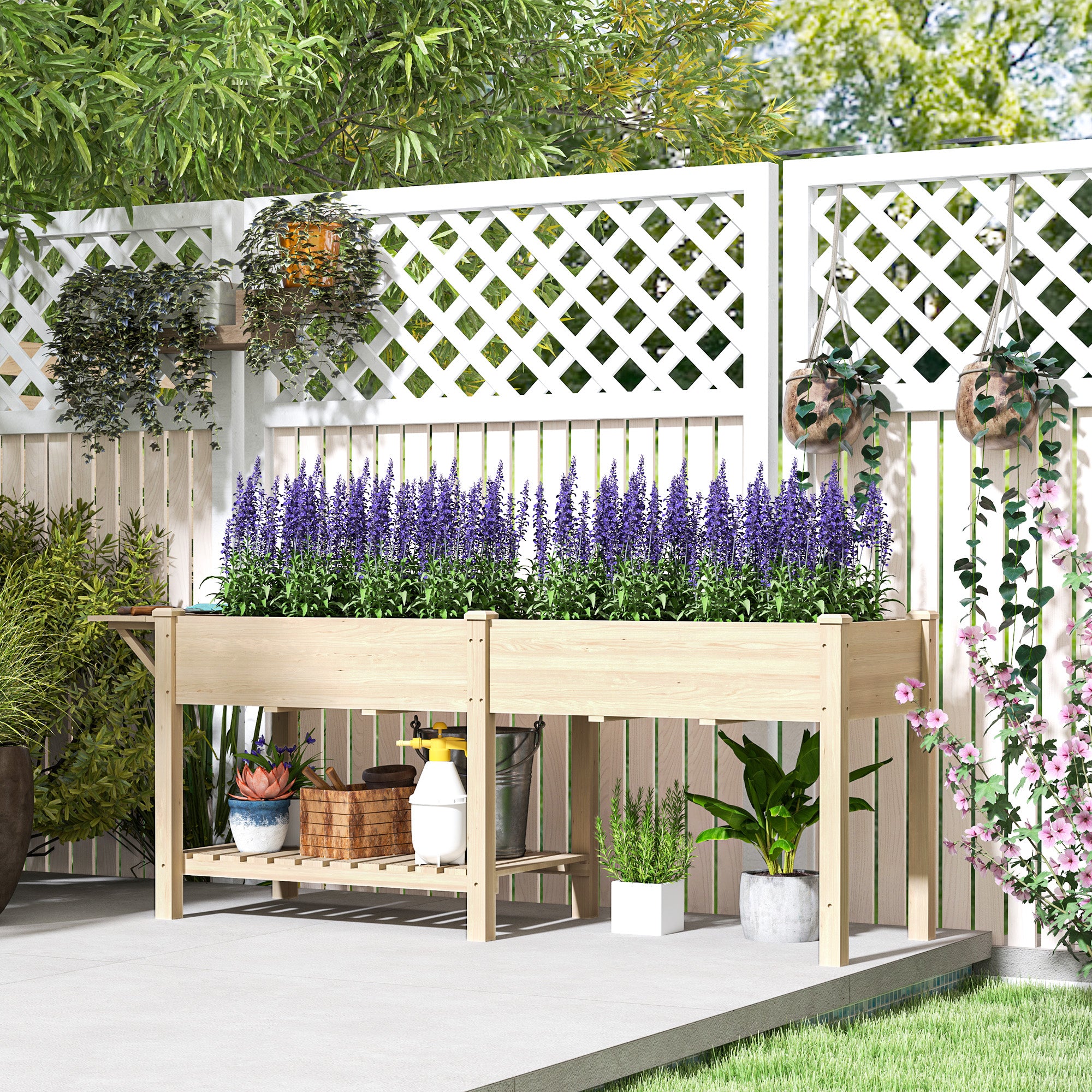 Wood Raised Garden Box, Elevated Garden Bed with Side Table, Bottom Shelf, Bed Liners and Drainage Holes, Natural - Natural Wood - Image 2