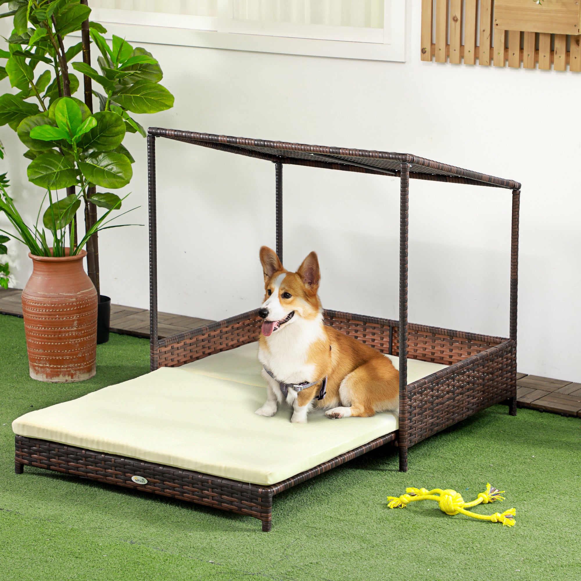 Outdoor Dog Bed, Extendable Wicker Dog Bed with Roof, Soft Cushion for Small and Medium Dogs, Mixed-Brown - Mixed-brown - Image 2