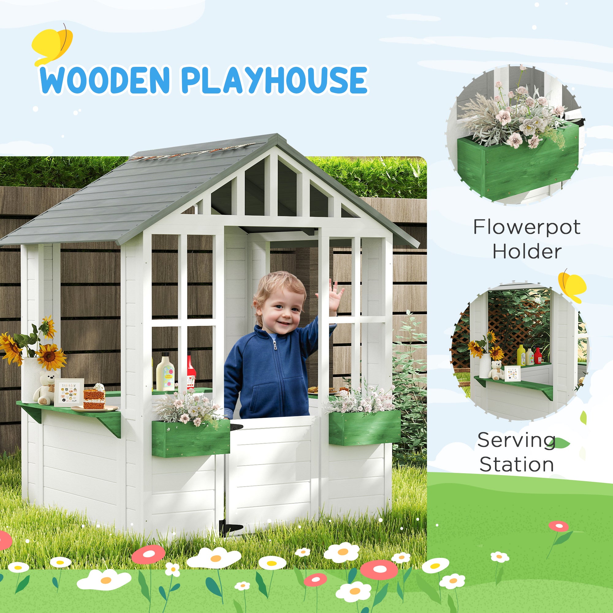 Kids Wooden Playhouse, Outdoor Garden Games Cottage with Flowers Pot Holder, Working Door, Windows, White