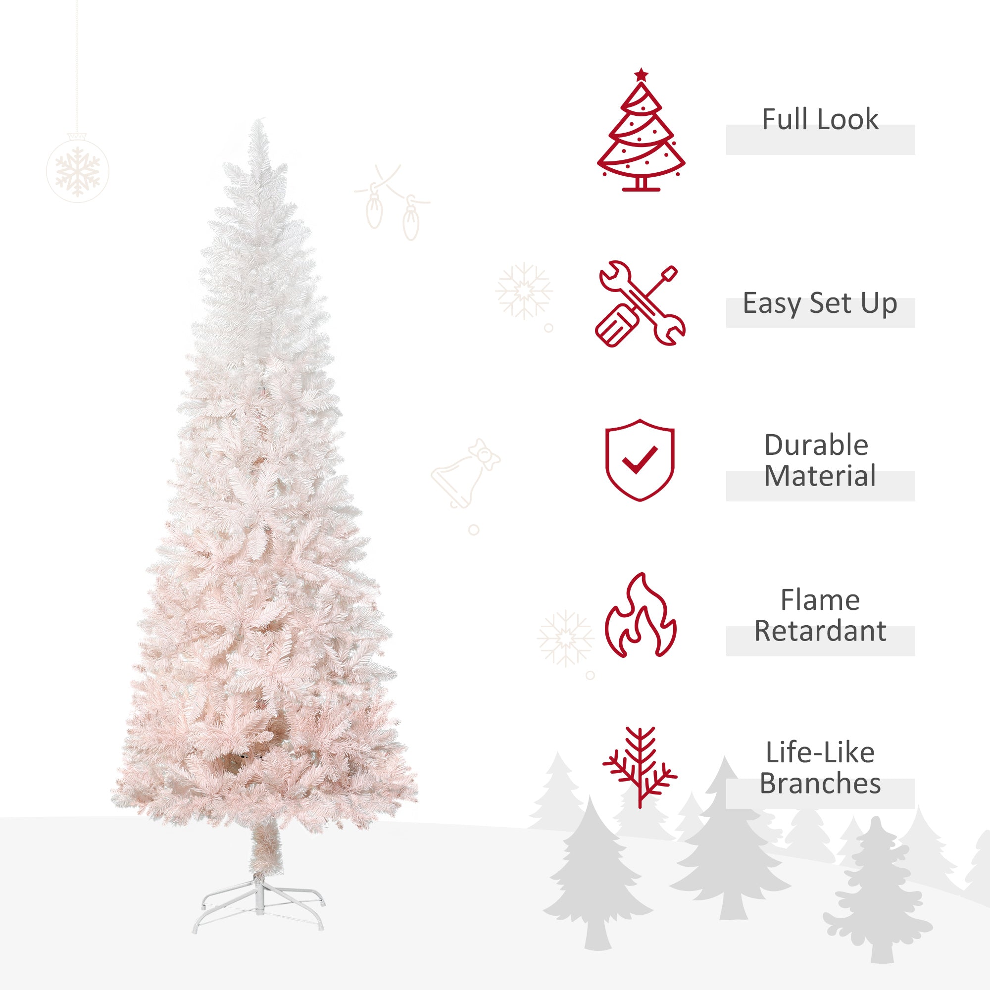 7' Tall Unlit Pencil Fir Artificial Christmas Tree with Realistic Branches and Steel Base, Pink and White