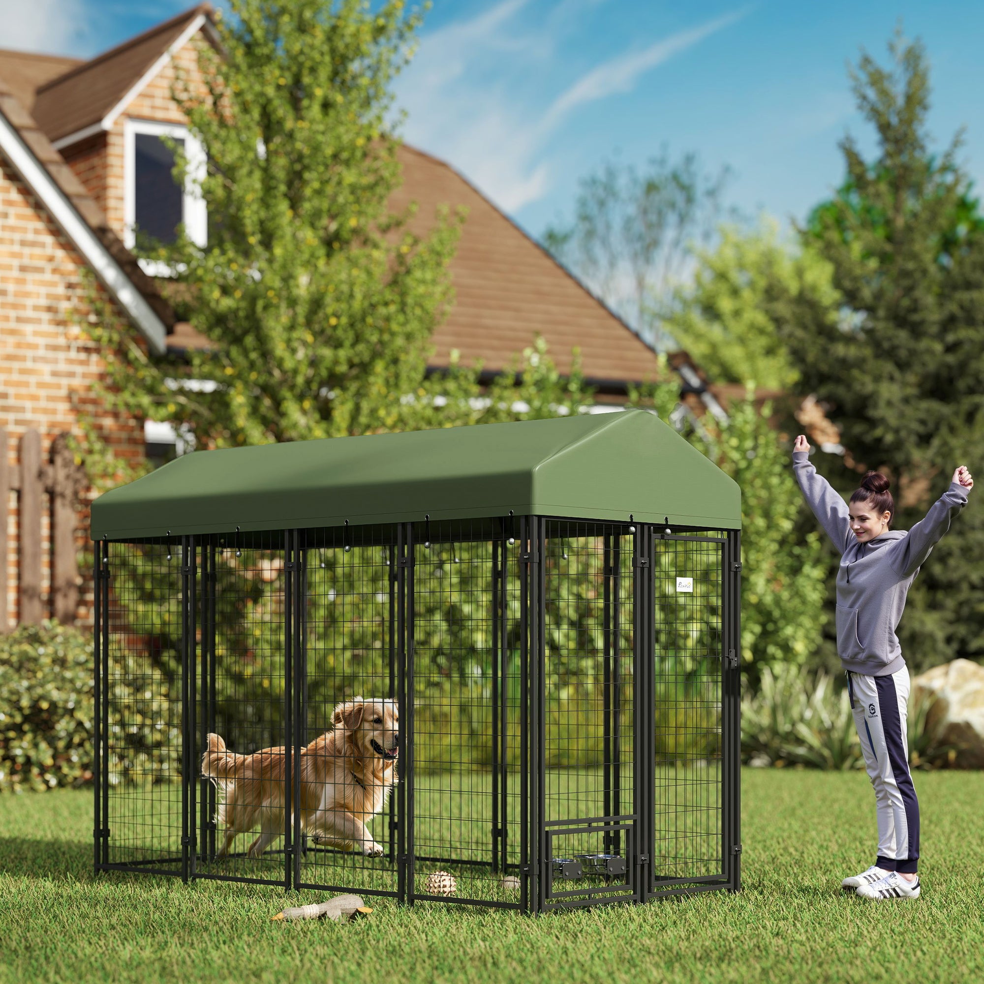 Outdoor Dog Kennel with Rotating Bowl Holders, Pet Playpen with Waterproof Cover, 8' x 4' x 6', Green - Green - Image 2