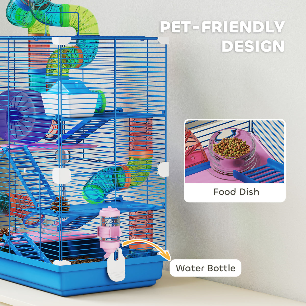 5 Tiers Hamster Cage Portable Animal Travel Carrier w/ Exercise Wheels Tube, Blue