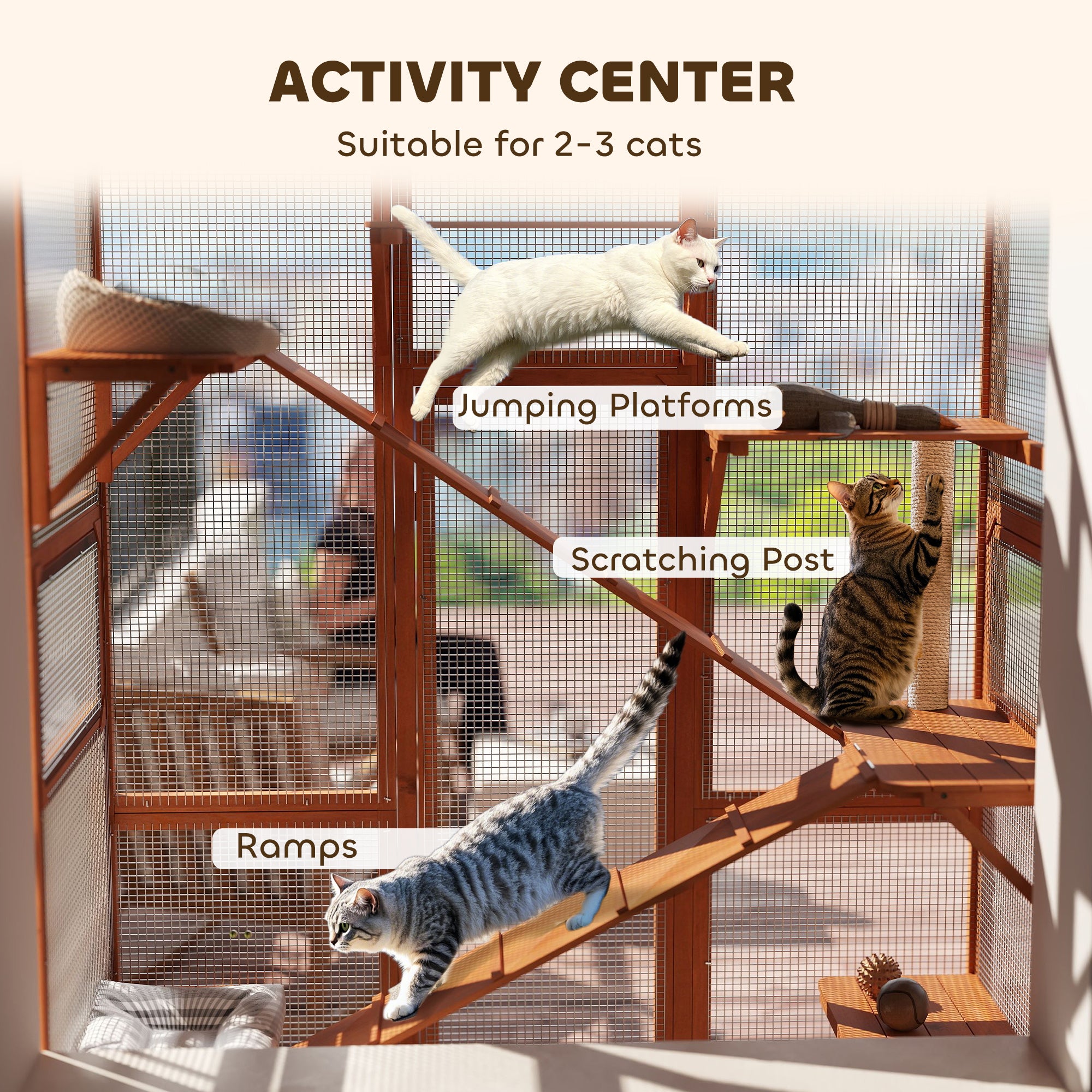 Outdoor Catio Cat Enclosure, Large Wooden Cat House with 6 Jumping Platforms, Scratching Post, 2 Ramps, for 2-3 Kittens - Orange - Image 5