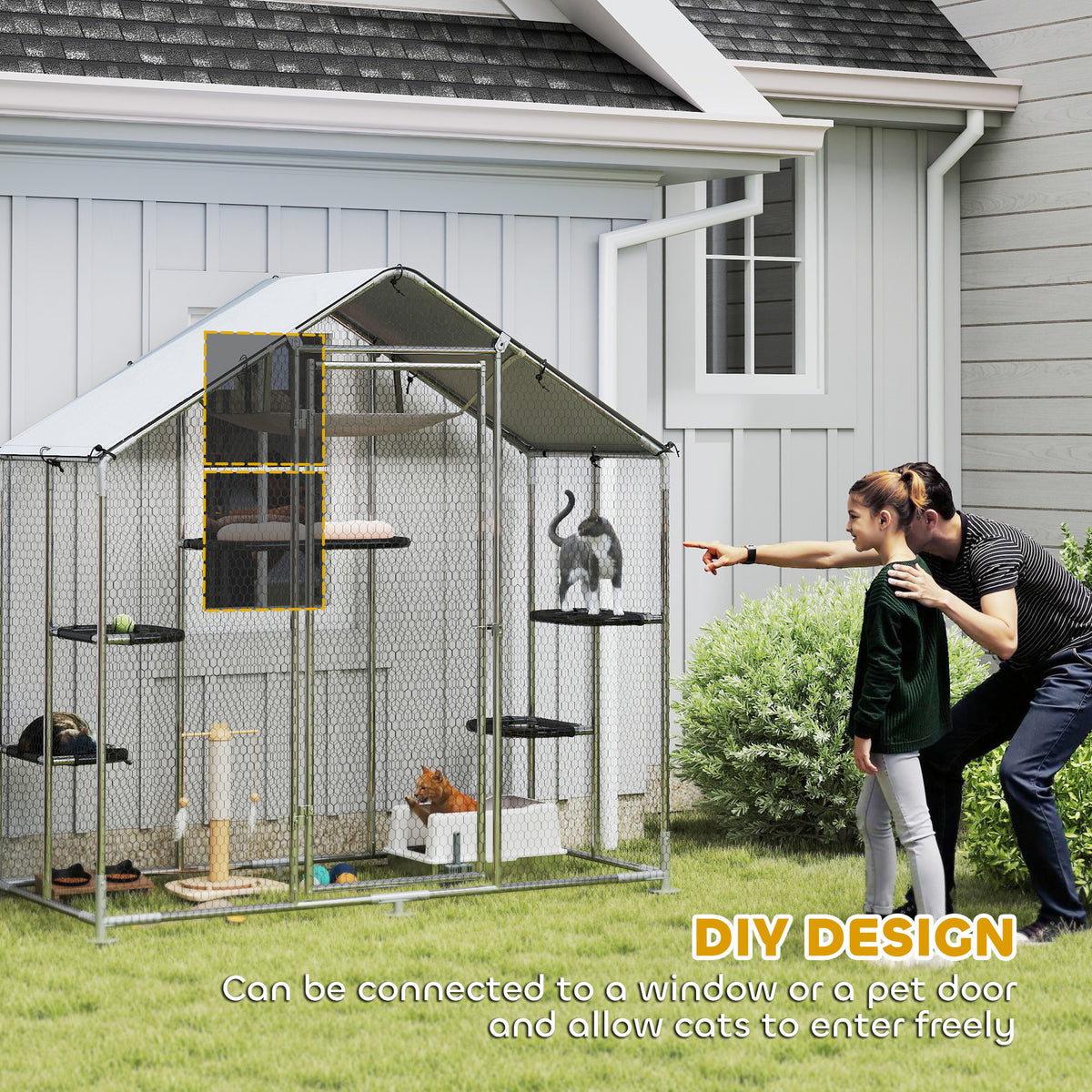 Large Catio Outdoor Cat Enclosure with Waterproof Cover, Walk-in Cat Patio w/ 5 Adjustable Platforms & Hammock