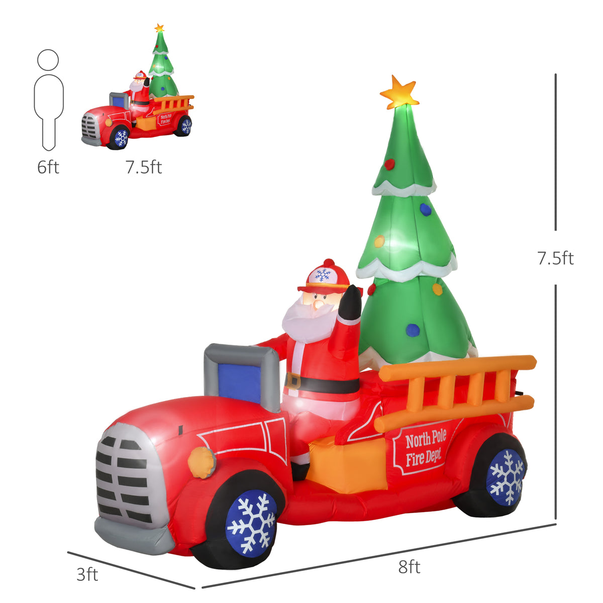 7.5ft Christmas Inflatable Santa Claus Driving a Fire Truck with Tree, Outdoor Blow-Up Yard Decoration with LED Lights Display