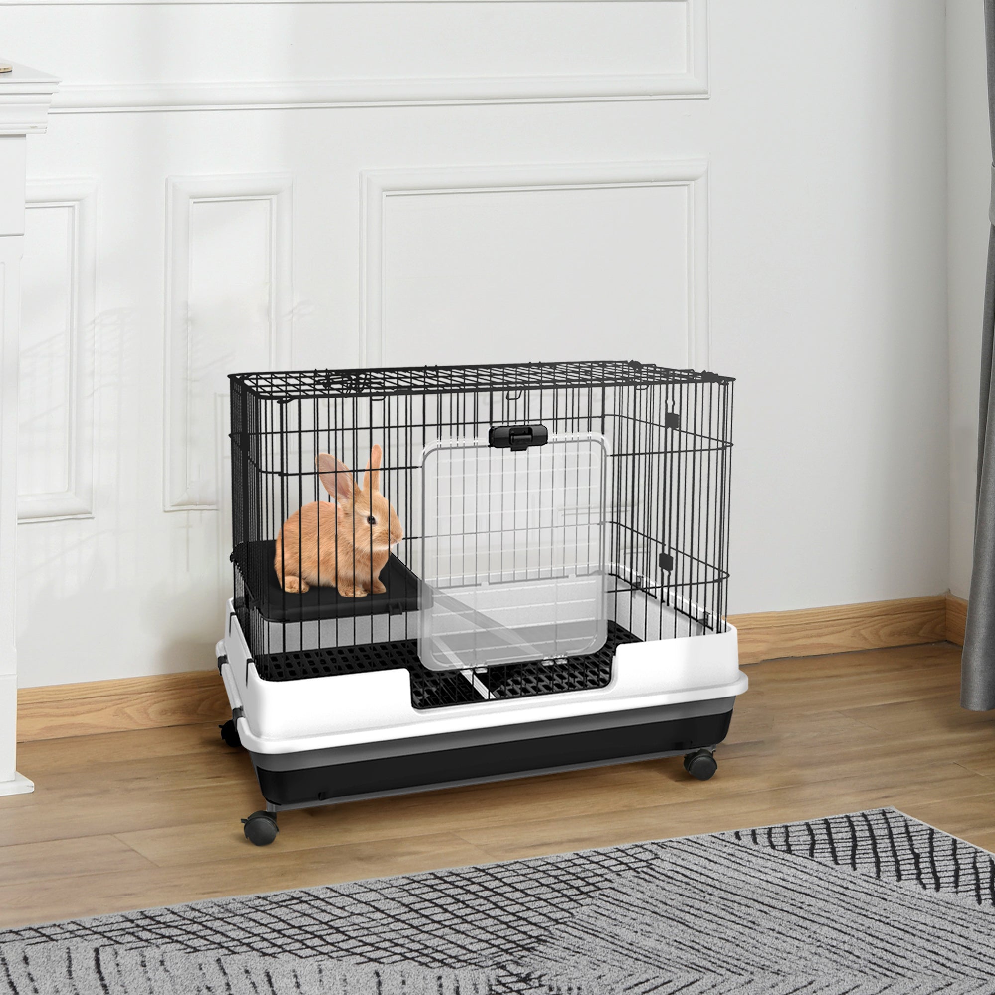 2-Level Small Animal Cage Rabbit Hutch with Wheels, Removable Tray, Platform and Ramp for Bunny, Chinchillas, Ferret, Black - Black - Image 2