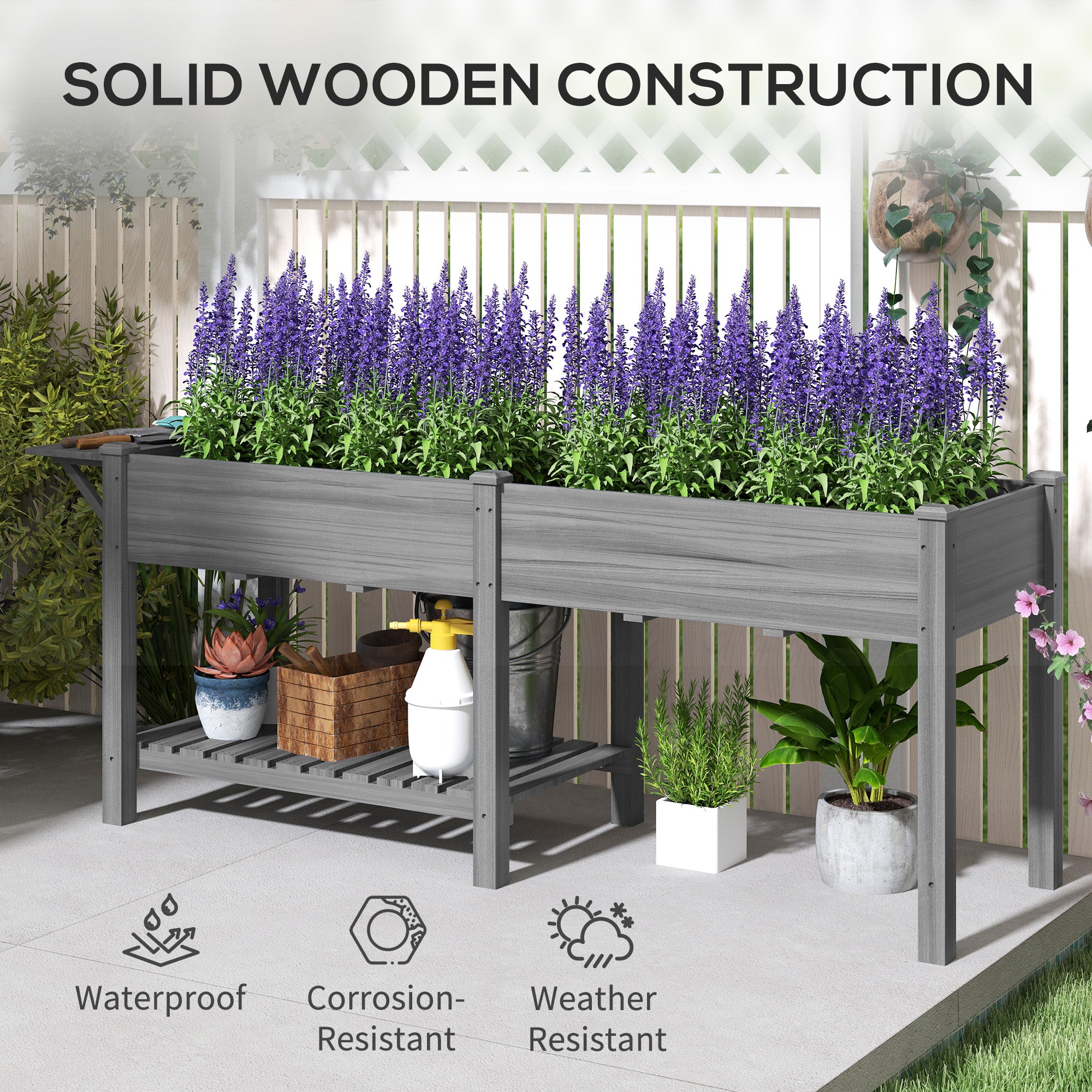 Wood Raised Garden Box, Elevated Garden Bed with Side Table, Bottom Shelf, Bed Liners and Drainage Holes, Gray - Gray - Image 8