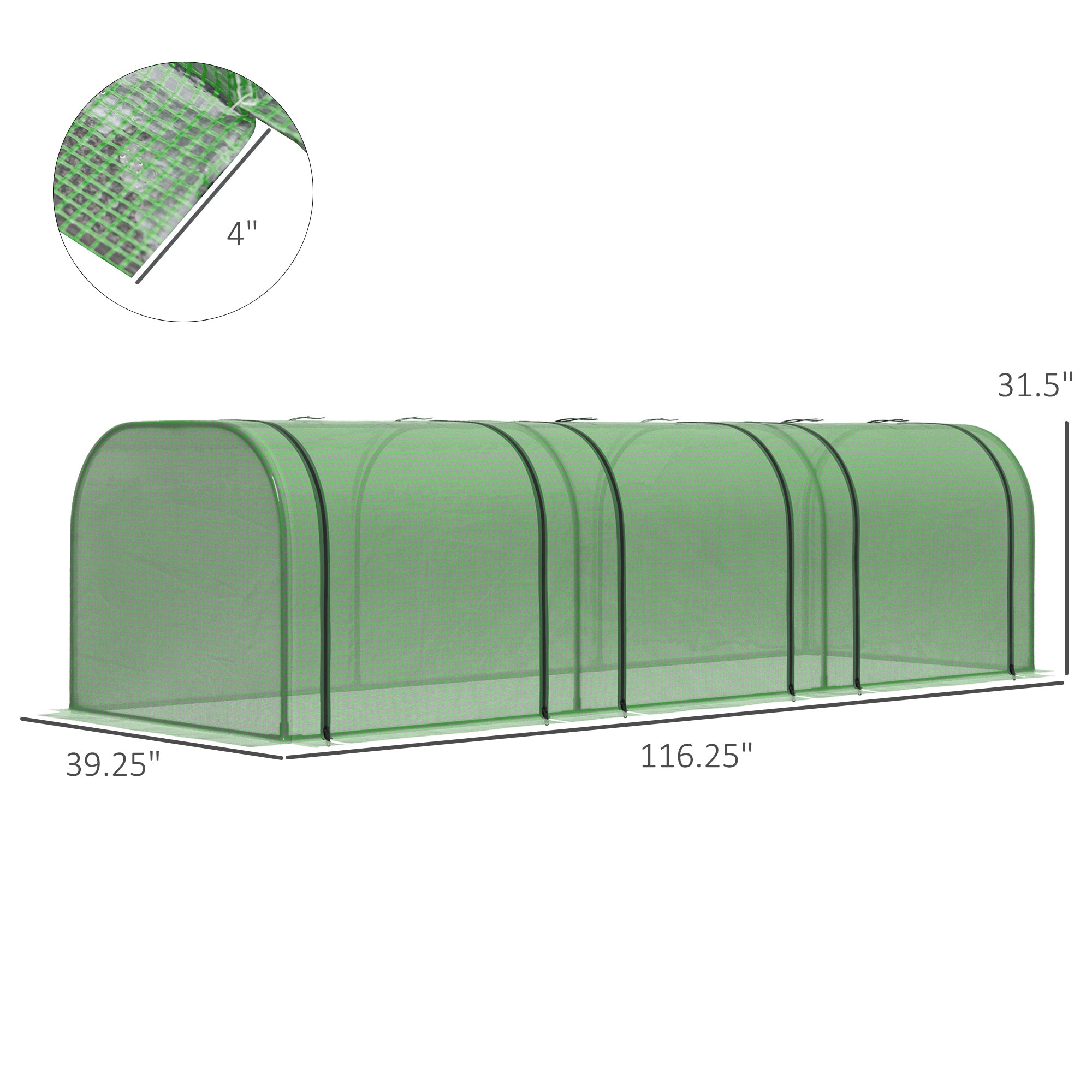 9.7' L x 3' W x 2.5' H Portable Tunneled Greenhouse with 3 Zippered Doors, Water/UV Fighting PE Cover - Green - Image 3