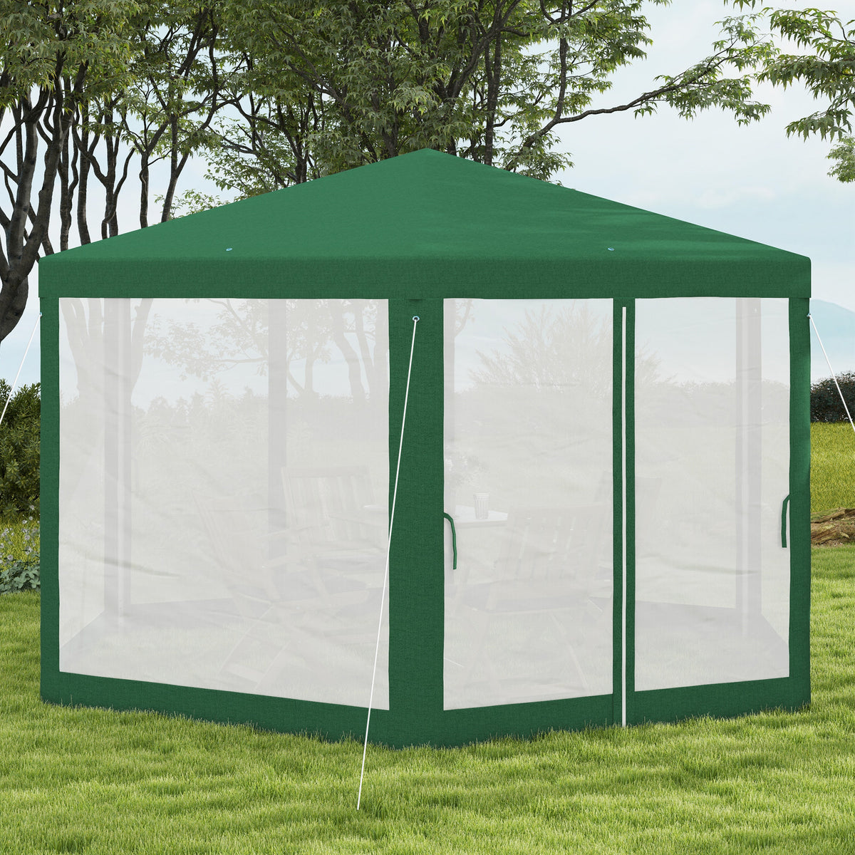 13' x 11' Outdoor Party Tent, Hexagon Sun Shade Shelter Canopy w/ Protective Mesh Sidewalls, Ropes & Stakes, Green
