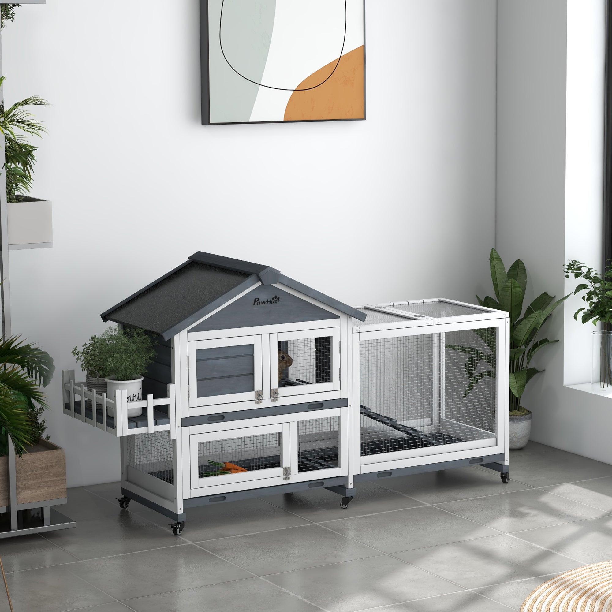 65" Wooden Rabbit Hutch, Pet Playpen with Openable Roof & Storage Box for Rabbits and Small Animals, Gray - Gray - Image 2
