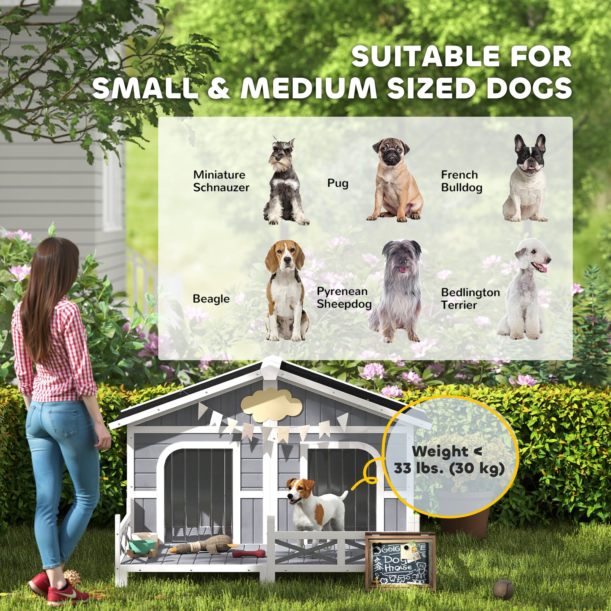 Dog House Outdoor, Wooden Dog Kennel Weatherproof with Porch, Openable Roof, Removable Bottom, Elevated Floor, Double Room for 2 Small to Medium Breeds, Gray - Grey - Image 8