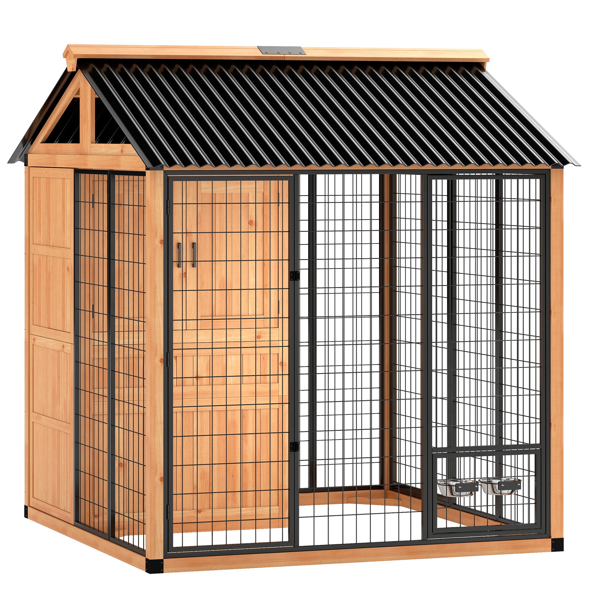 7' x 6' Extra Large Dog House, Wood Outdoor Dog Kennel with Storage Cabinet, Stainless Steel Bowls, Light Yellow - Yellow