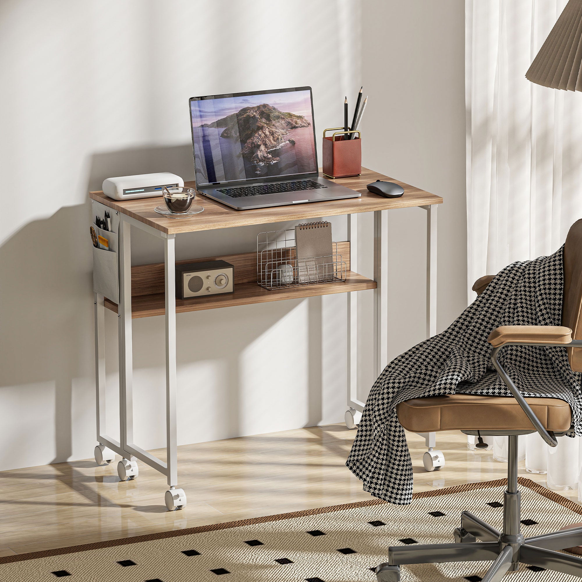Folding Computer Desk, Foldable Desk with Storage Bag, Shelf and Wheels for Small Spaces, Home Office, Natural Wood