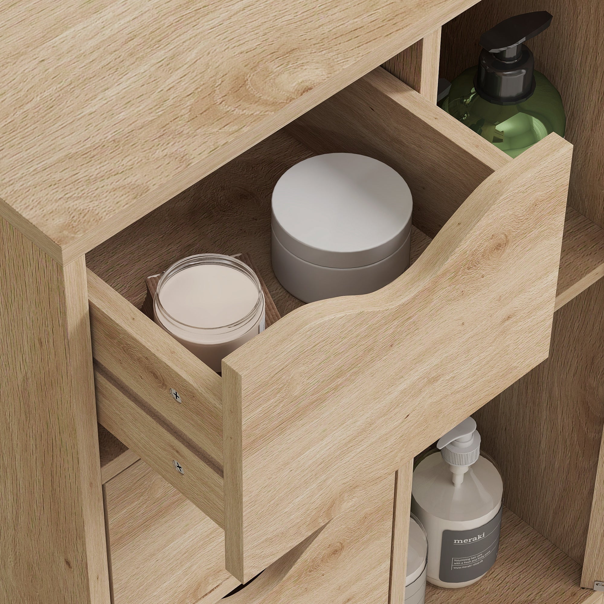 Freestanding Storage Cabinet, Bathroom Floor Cabinet with 4 Drawers and Door, Oak