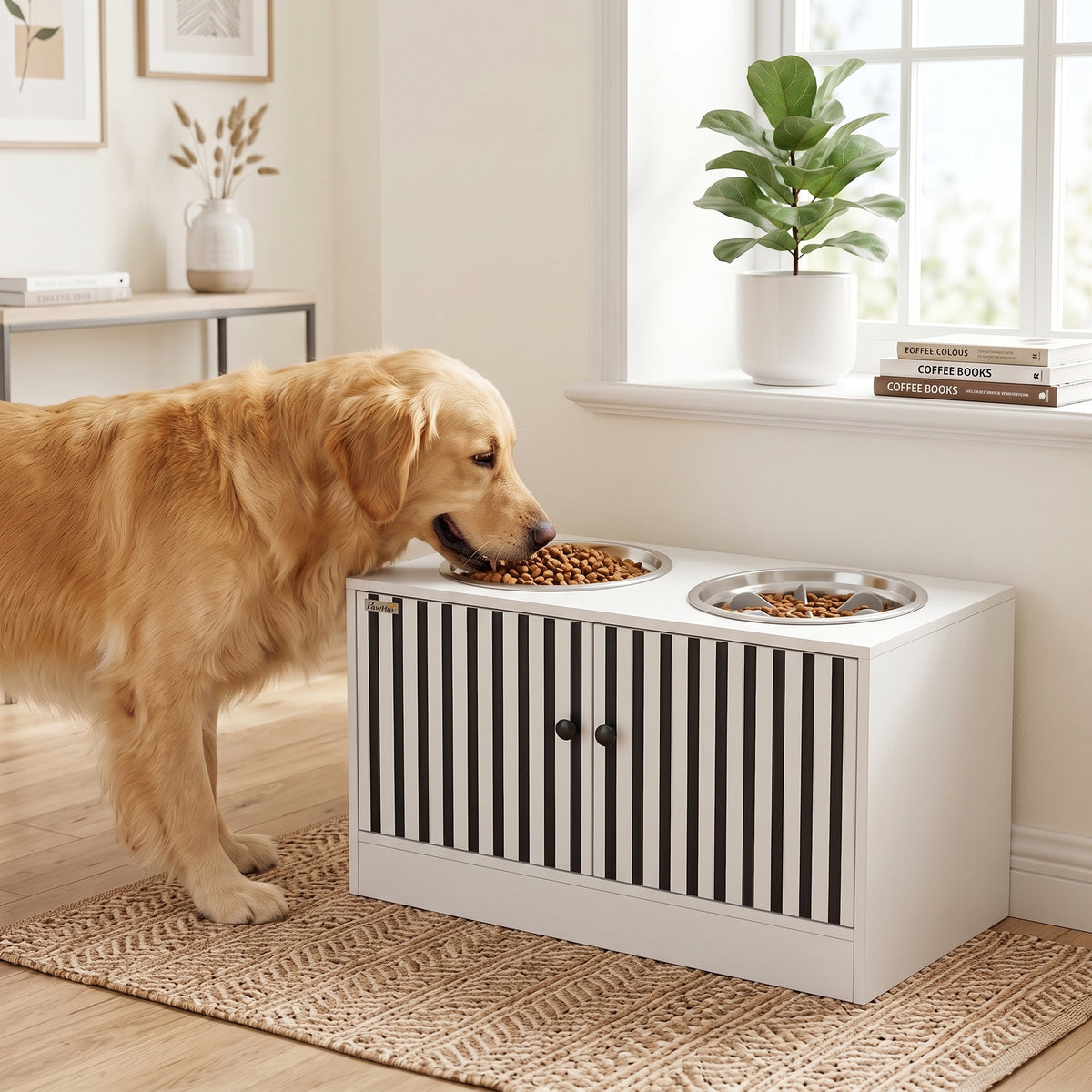 Elevated Dog Bowls with Storage Cabinet, 2 Stainless Steel Bowls, Slow Feeder, Dog Feeding Station for Large Dogs, White