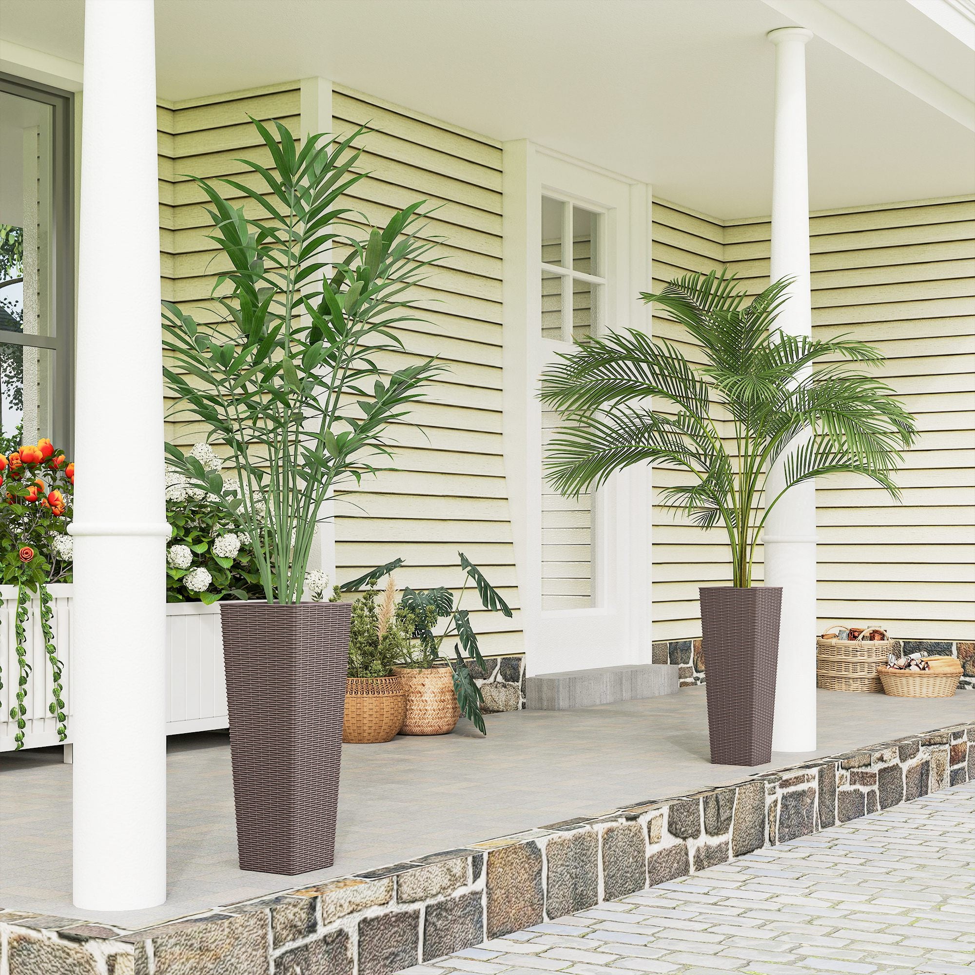 23.6 Inch Tall Planters for Outdoor Plants, Set of 2 Plastic Flower Pots with Drainage Holes, Brown - Brown - Image 2