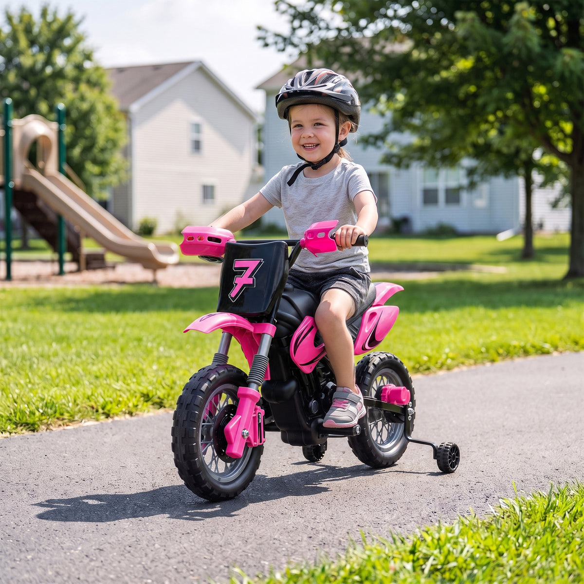 12V Kids Motorcycle, 2 x 35W Electric Dirt Bike with Training Wheels, Rear Suspension, Horn for 3-6 Years, Pink