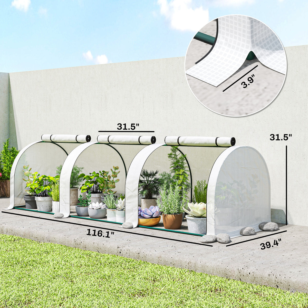 9.7' L x 3' W x 2.5' H Portable Tunneled Greenhouse with 3 Zippered Doors, Water/UV Fighting PE Cover, White