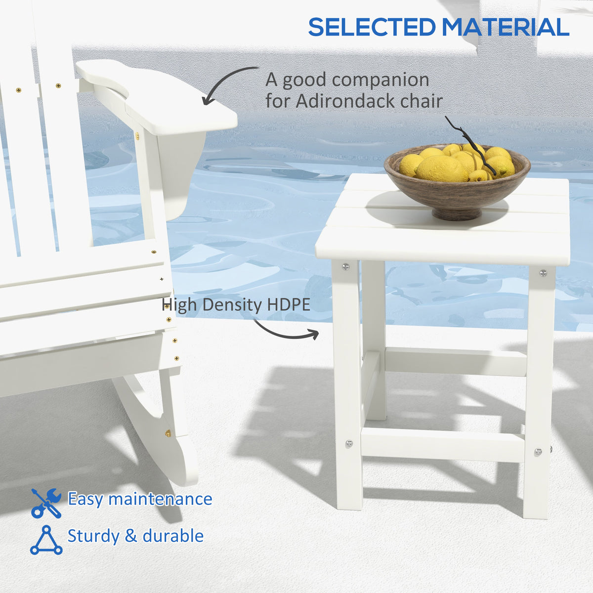 Adirondack Side Table, Square Patio End Table, Weather Resistant 15" Outdoor HDPE Table for Porch, Pool, Balcony, White
