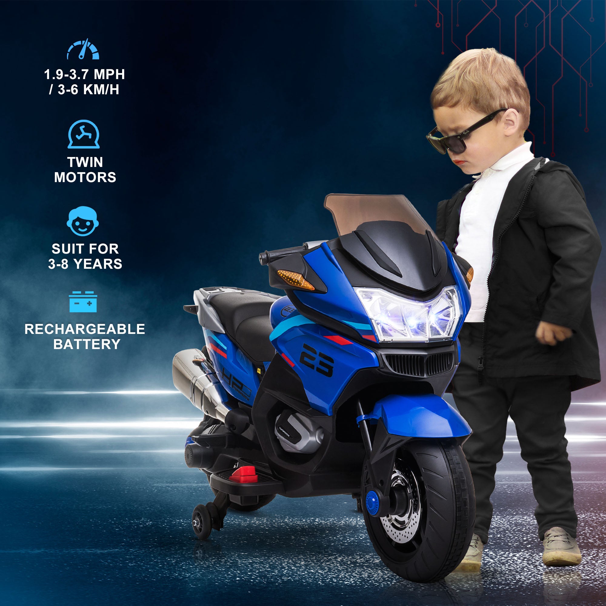 12V Kids Electric Motorcycle with Training Wheels, Battery Power Ride on Motorbike, High-Traction at 3.7 Mph Top Speed, with Light Music, Blue