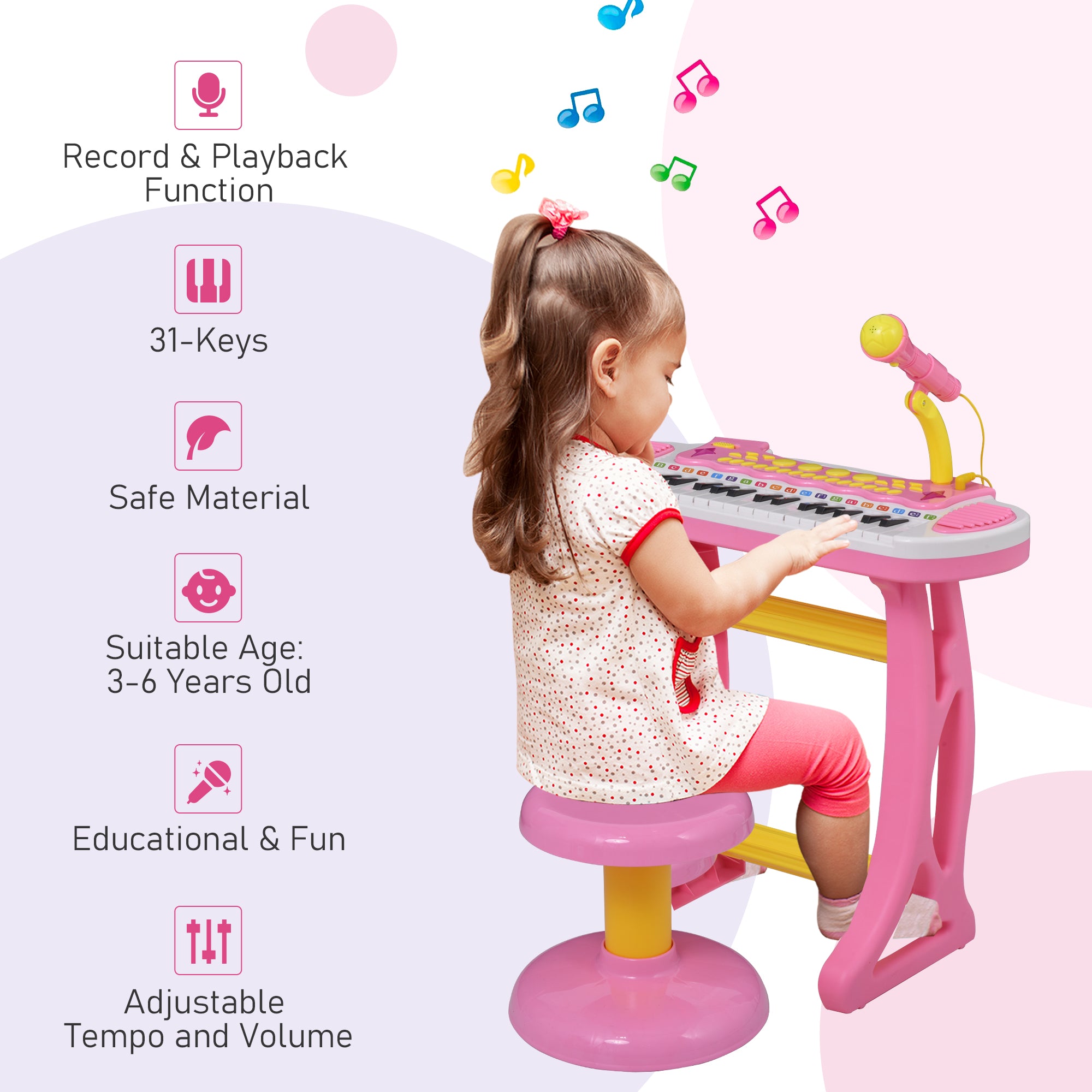 Kids Toy Keyboard Piano Toddler Electronic Instrument with Stool, Microphone and Bright Flashlight for Children Birth Gift, Pink