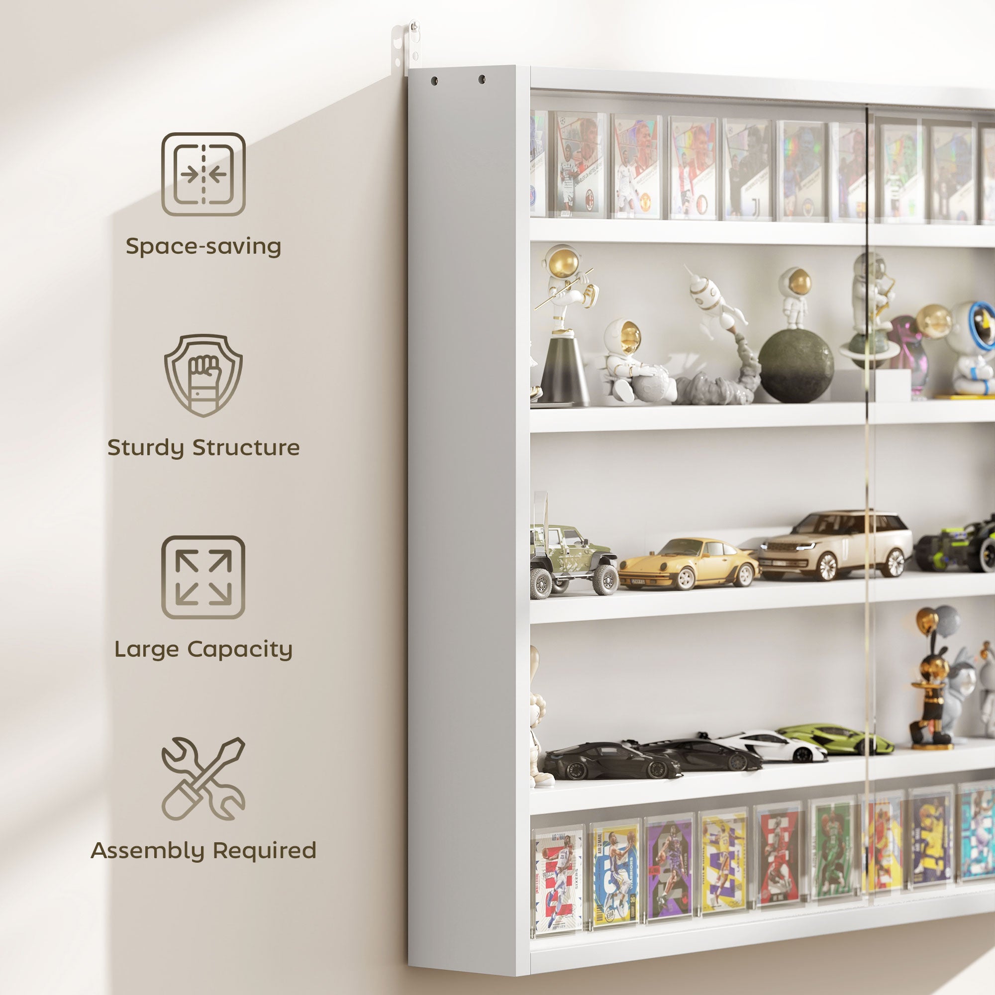 5-Tier Display Cabinet, Wall-Mounted Display Case with 2 Glass Doors and Adjustable Shelves, White
